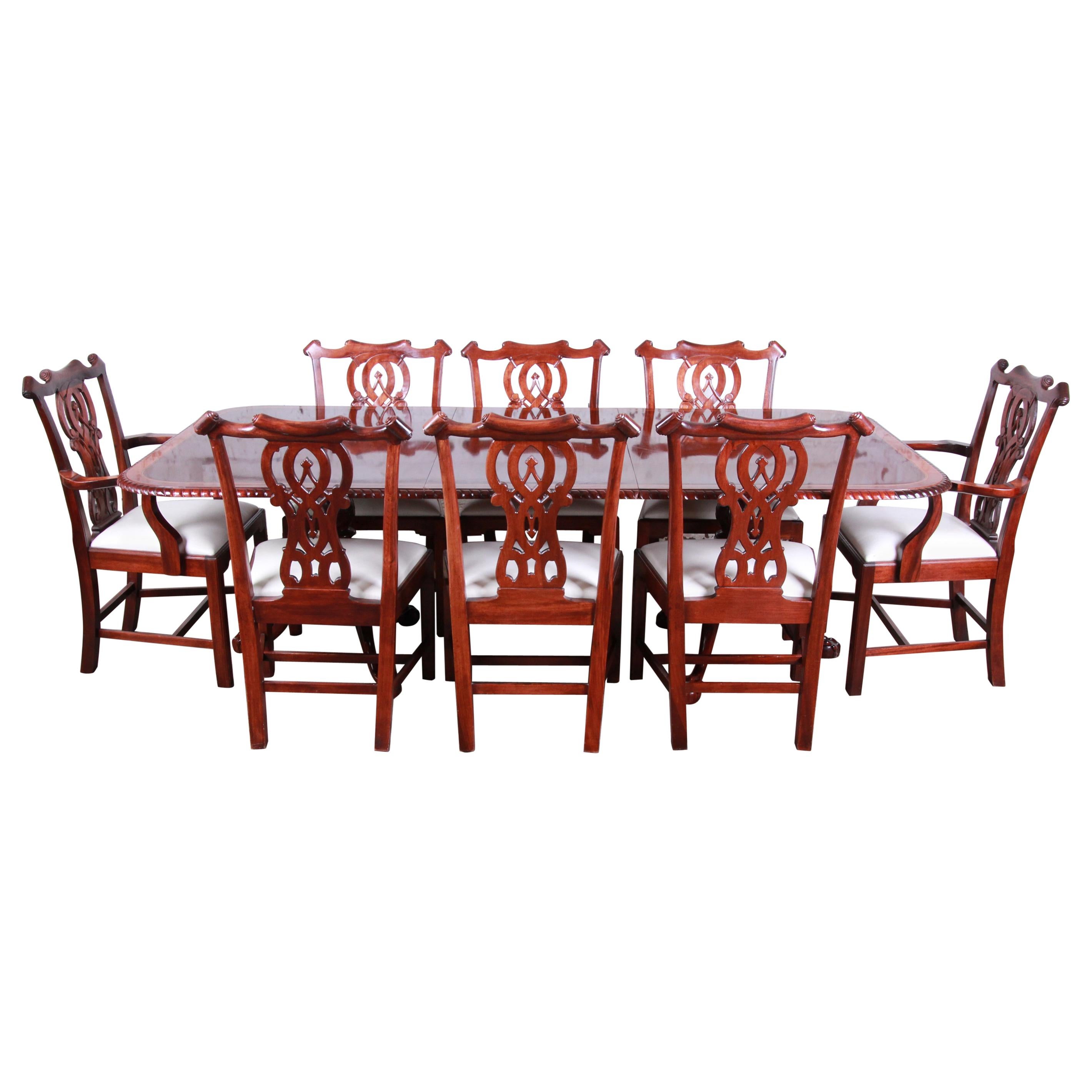 Chippendale Banded Mahogany Double Pedestal Dining Table with Eight Chairs