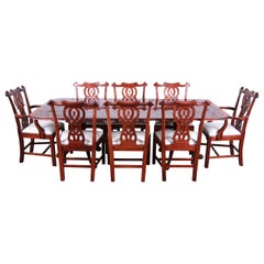 Chippendale Banded Mahogany Double Pedestal Dining Table with Eight Chairs