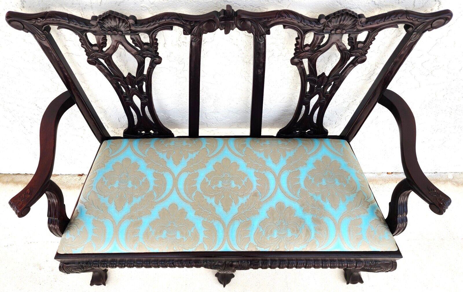 For FULL item description click on CONTINUE READING at the bottom of this page.
Offering One of Our Recent Palm Beach Estate fine Furniture Acquisitions of a
Vintage Chippendale Style Bench or Settee
Main color is Aqua or Turquoise.
Approximate