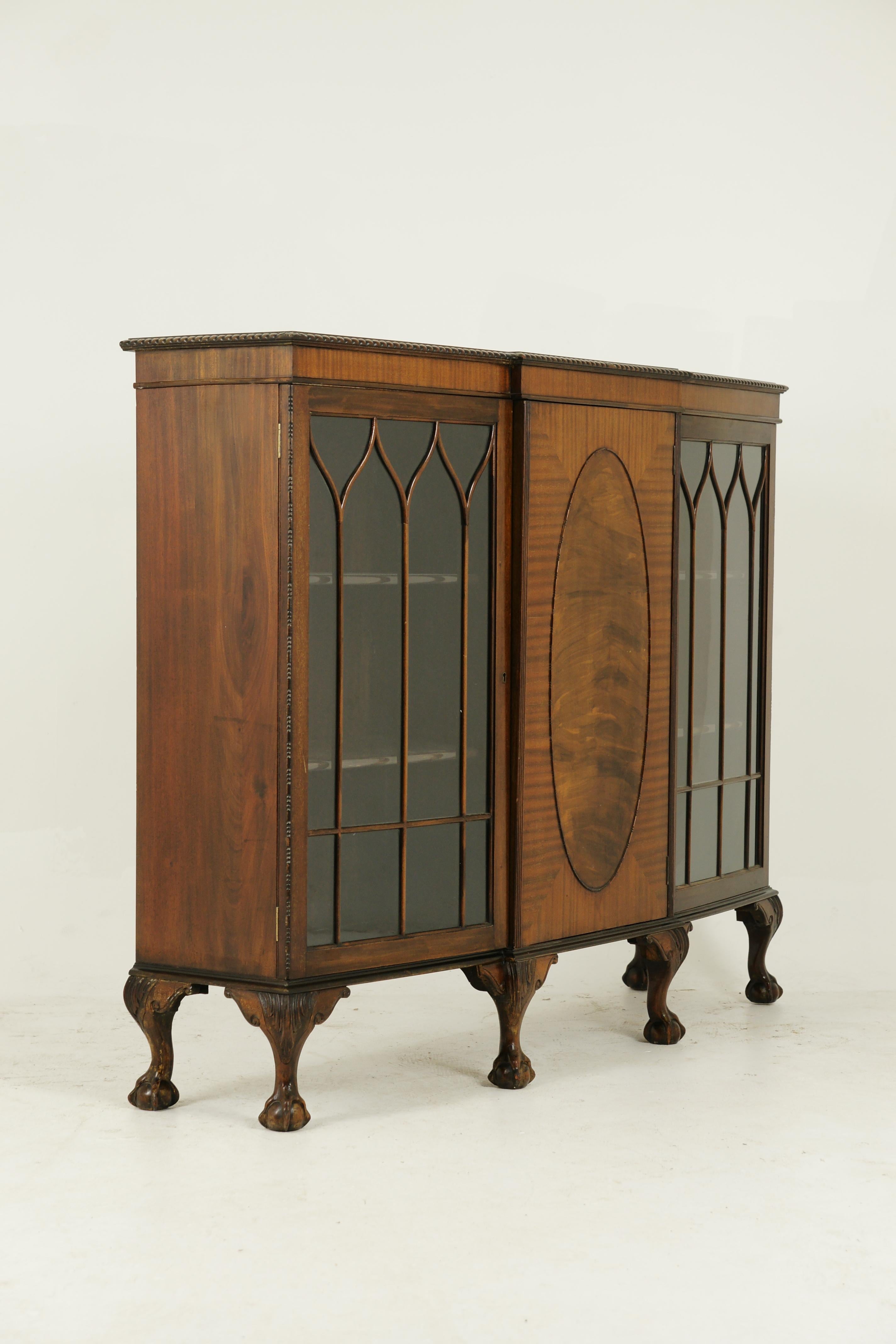 Hand-Crafted Antique Chippendale Bookcase, Walnut Bookcase, Break Front Cabinet, 1920, B1239