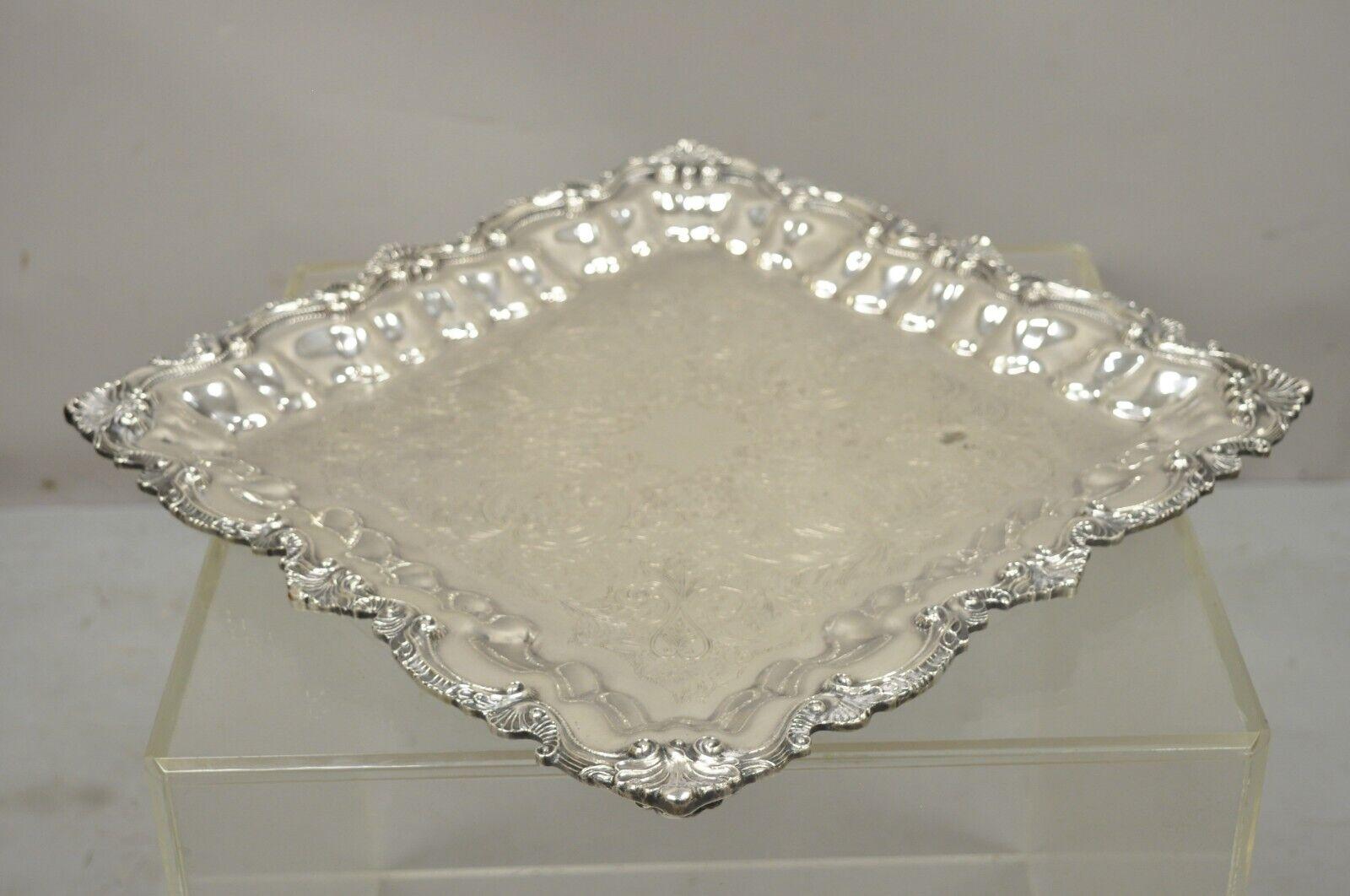 Chippendale by Wallace X 120 Silver Plate Square Shell Platter Tray on Feet For Sale 7
