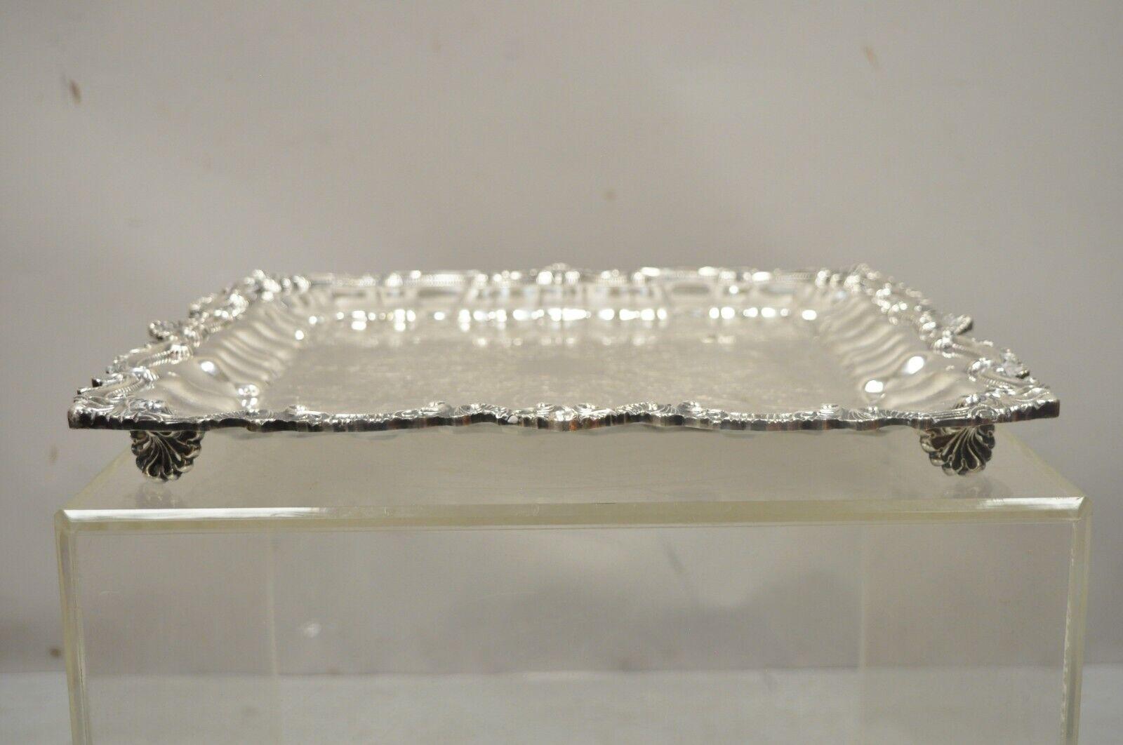 Chippendale by Wallace X 120 Silver Plate Square Shell Platter Tray on Feet For Sale 4