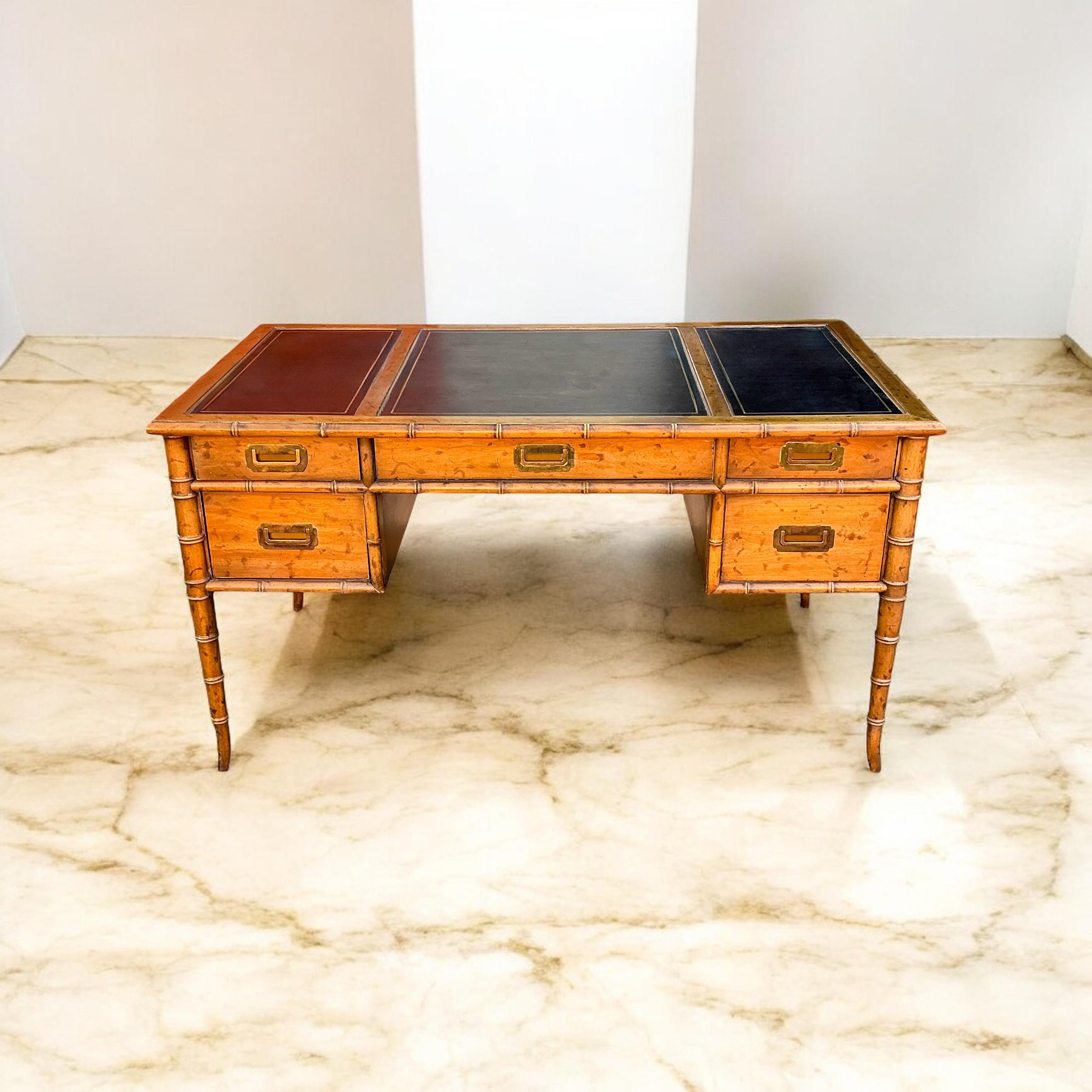 Chinese Chippendale Chippendale & Campaign Style Faux Bamboo Carved Fruitwood Desk Leather Top