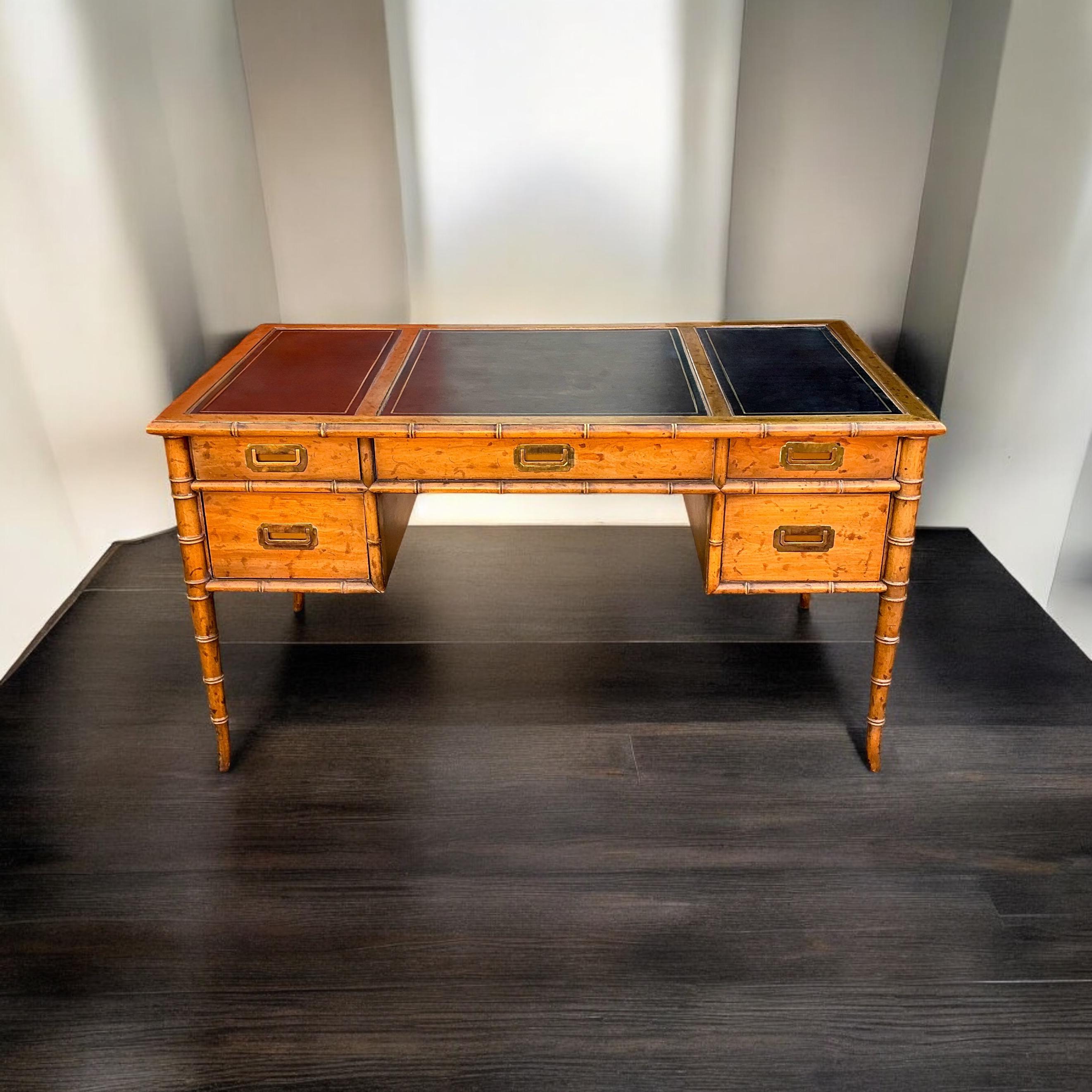American Chippendale & Campaign Style Faux Bamboo Carved Fruitwood Desk Leather Top