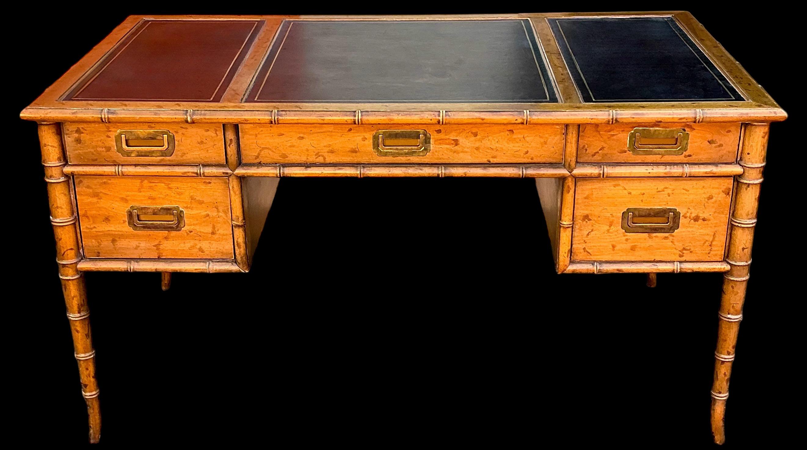 Brass Chippendale & Campaign Style Faux Bamboo Carved Fruitwood Desk Leather Top