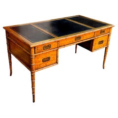 Chippendale & Campaign Style Faux Bamboo Carved Fruitwood Desk Leather Top