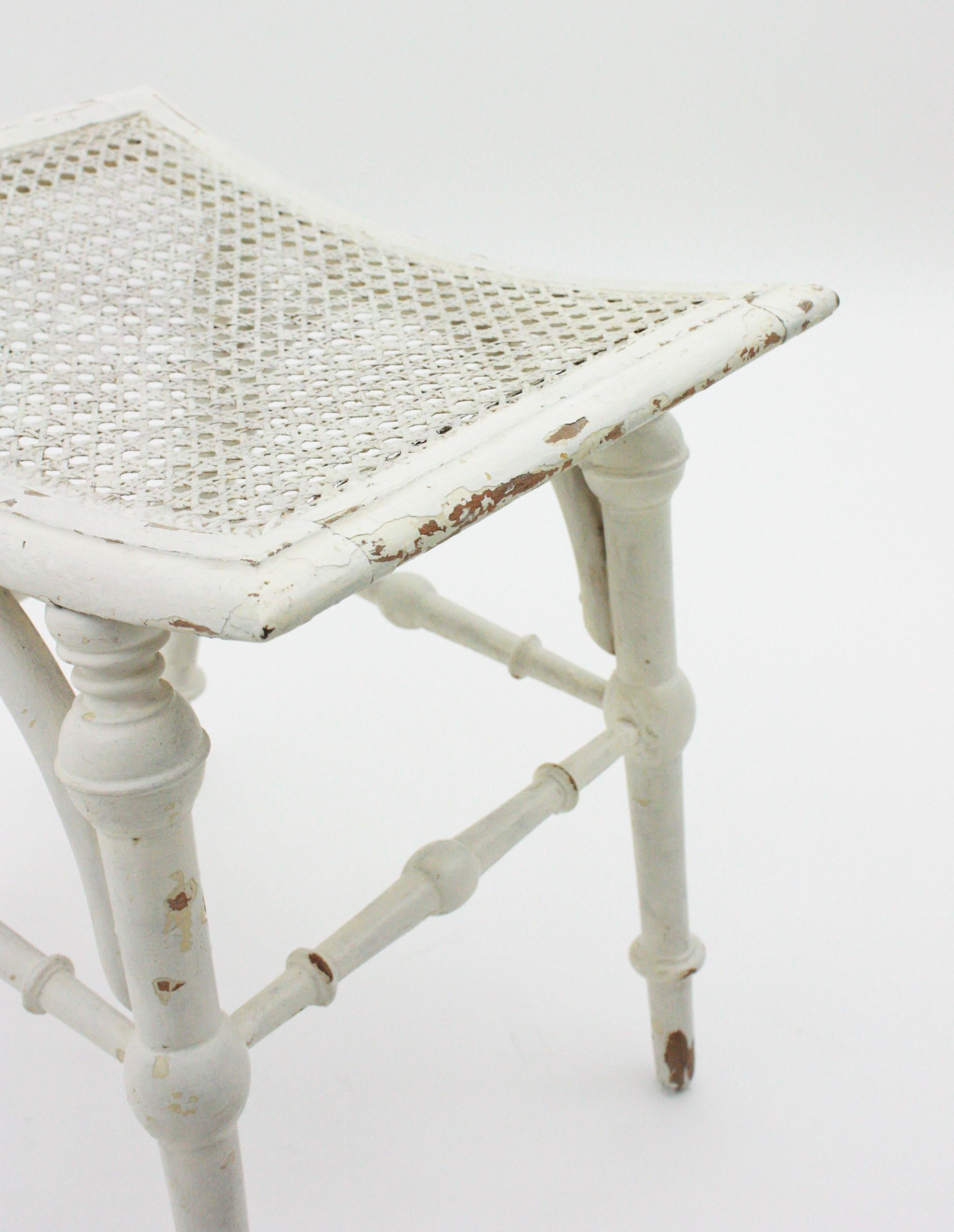 White Patinated Wood Stool with Cane Seat, Chippendale Style For Sale 5