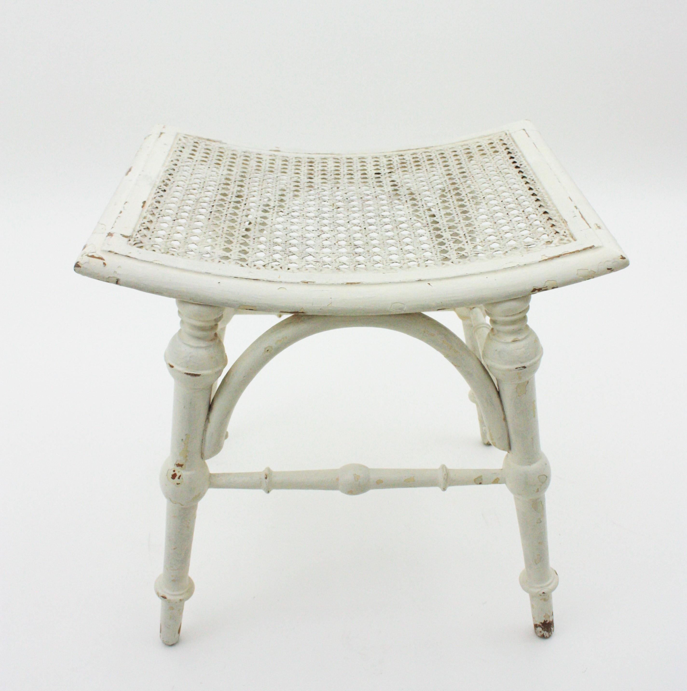 Painted White Patinated Wood Stool with Cane Seat, Chippendale Style For Sale