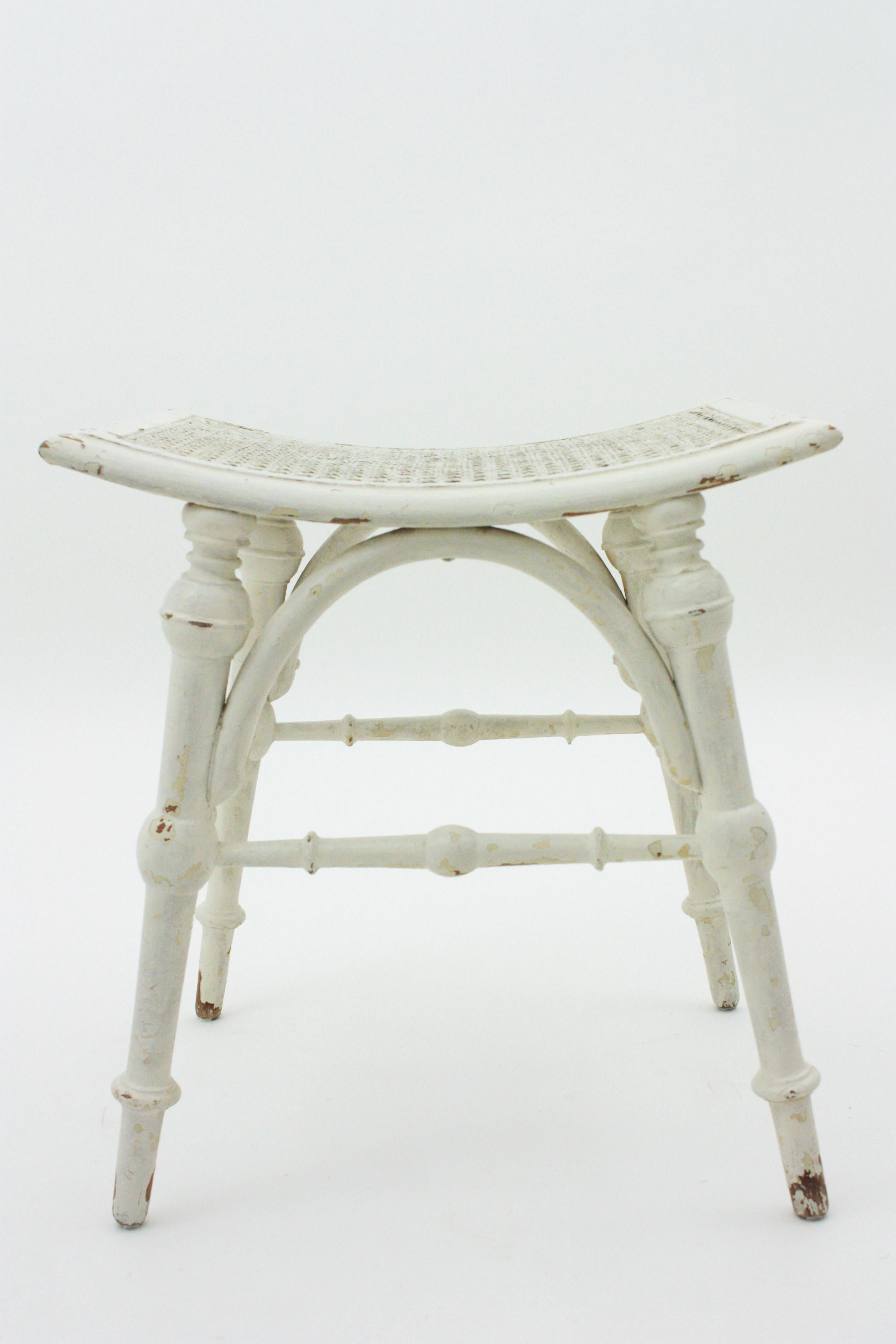 20th Century White Patinated Wood Stool with Cane Seat, Chippendale Style For Sale
