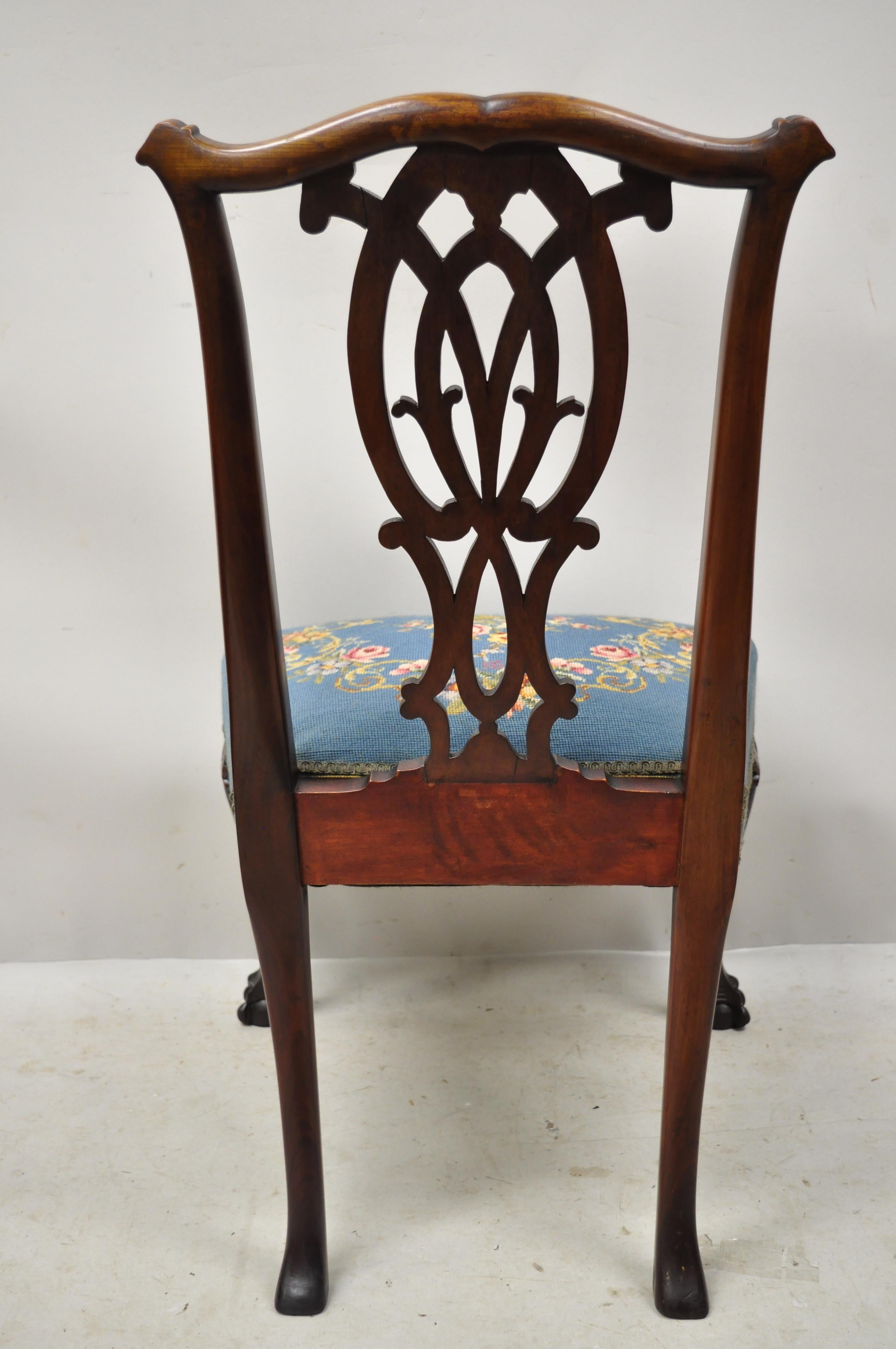 Chippendale Carved Ball & Claw Mahogany Dining Side Chair Blue Needlepoint Seat For Sale 1