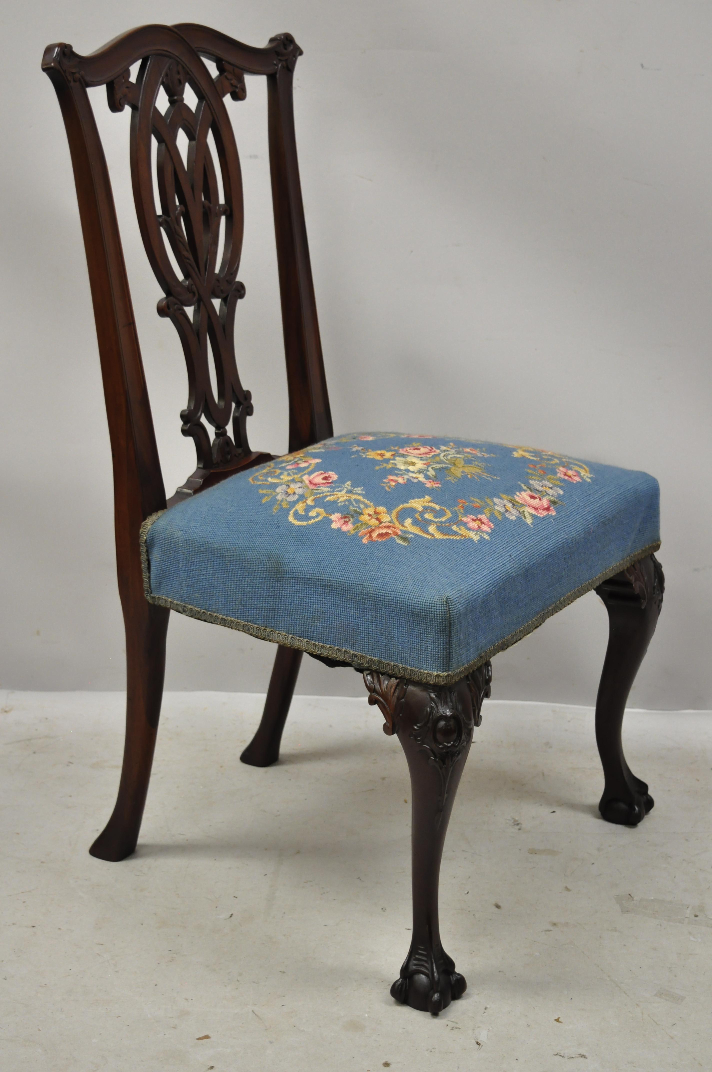 Chippendale Carved Ball & Claw Mahogany Dining Side Chair Blue Needlepoint Seat For Sale 2