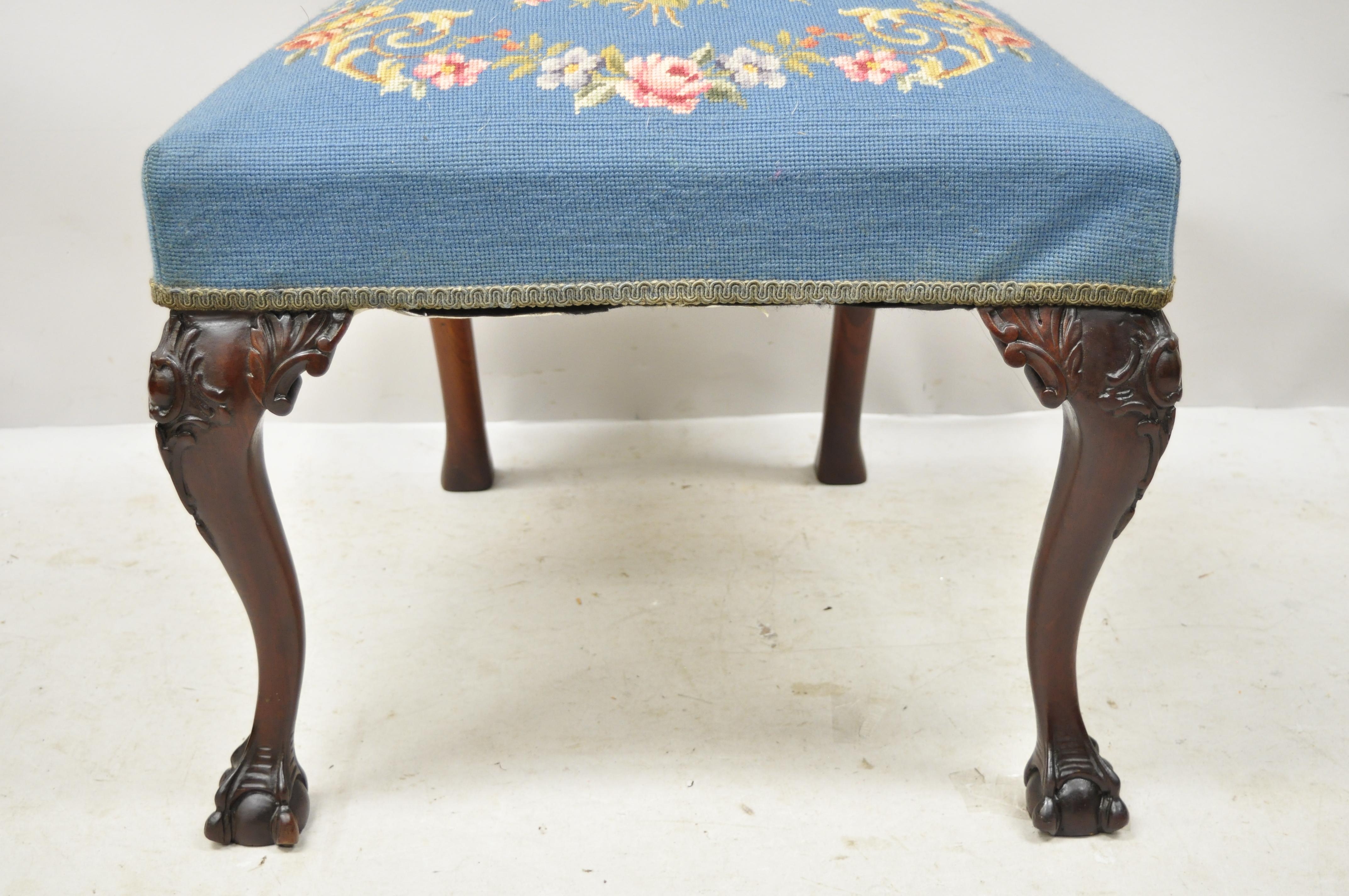 20th Century Chippendale Carved Ball & Claw Mahogany Dining Side Chair Blue Needlepoint Seat For Sale