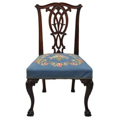 Antique Chippendale Carved Ball & Claw Mahogany Dining Side Chair Blue Needlepoint Seat