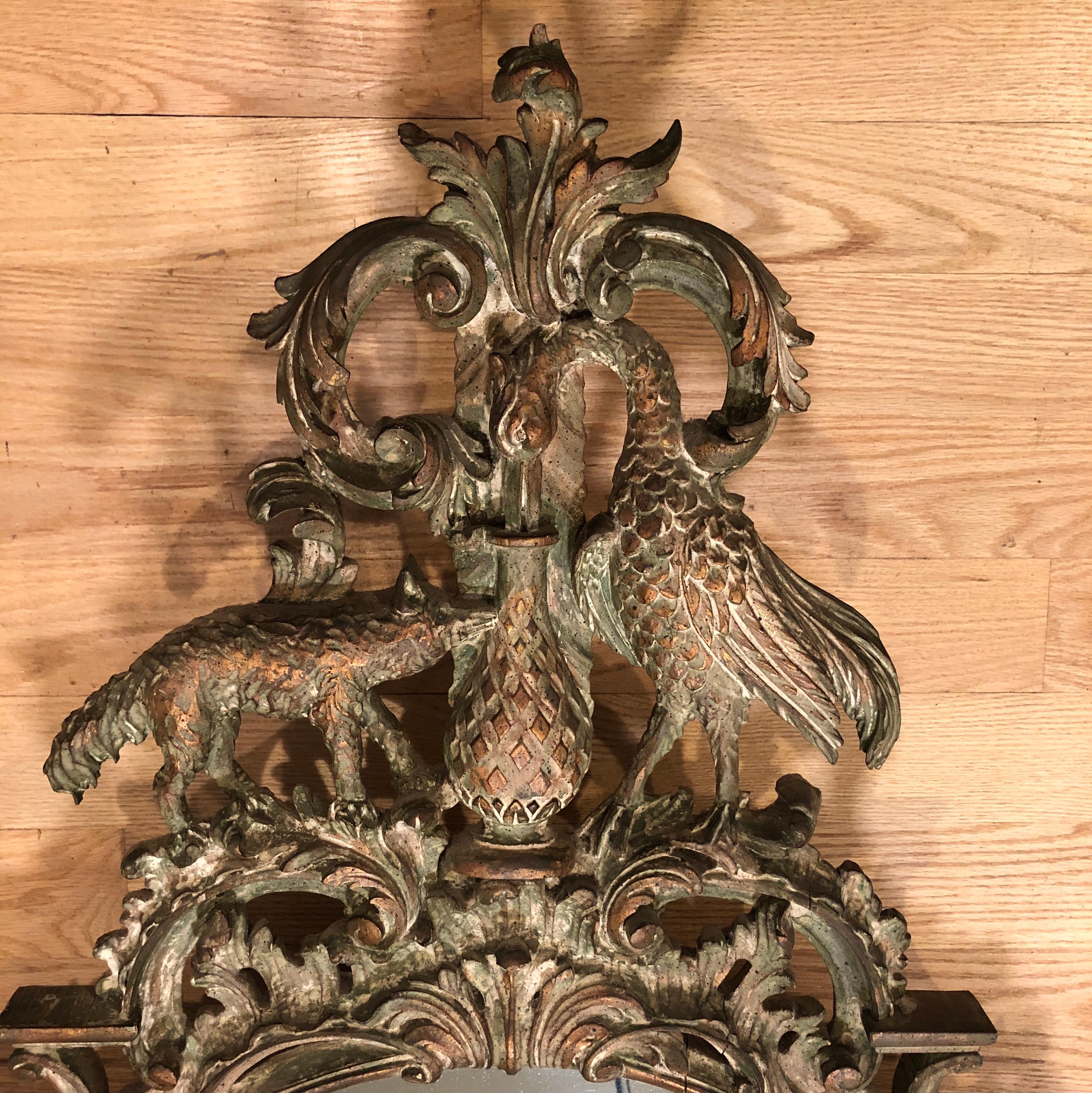 English Chippendale Figural Carved, Gilt and Painted Mirror with Ho Ho Bird For Sale