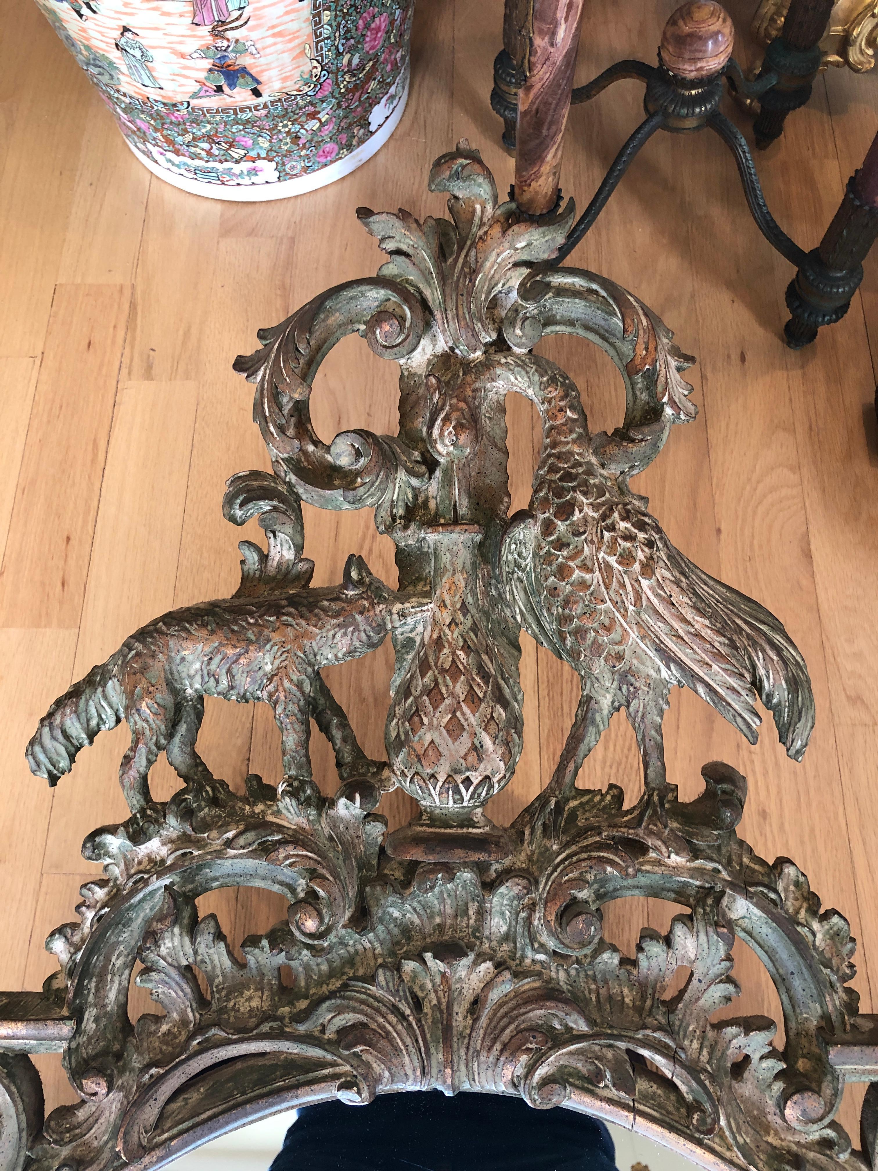 Chippendale Figural Carved, Gilt and Painted Mirror with Ho Ho Bird In Good Condition For Sale In Norwood, NJ