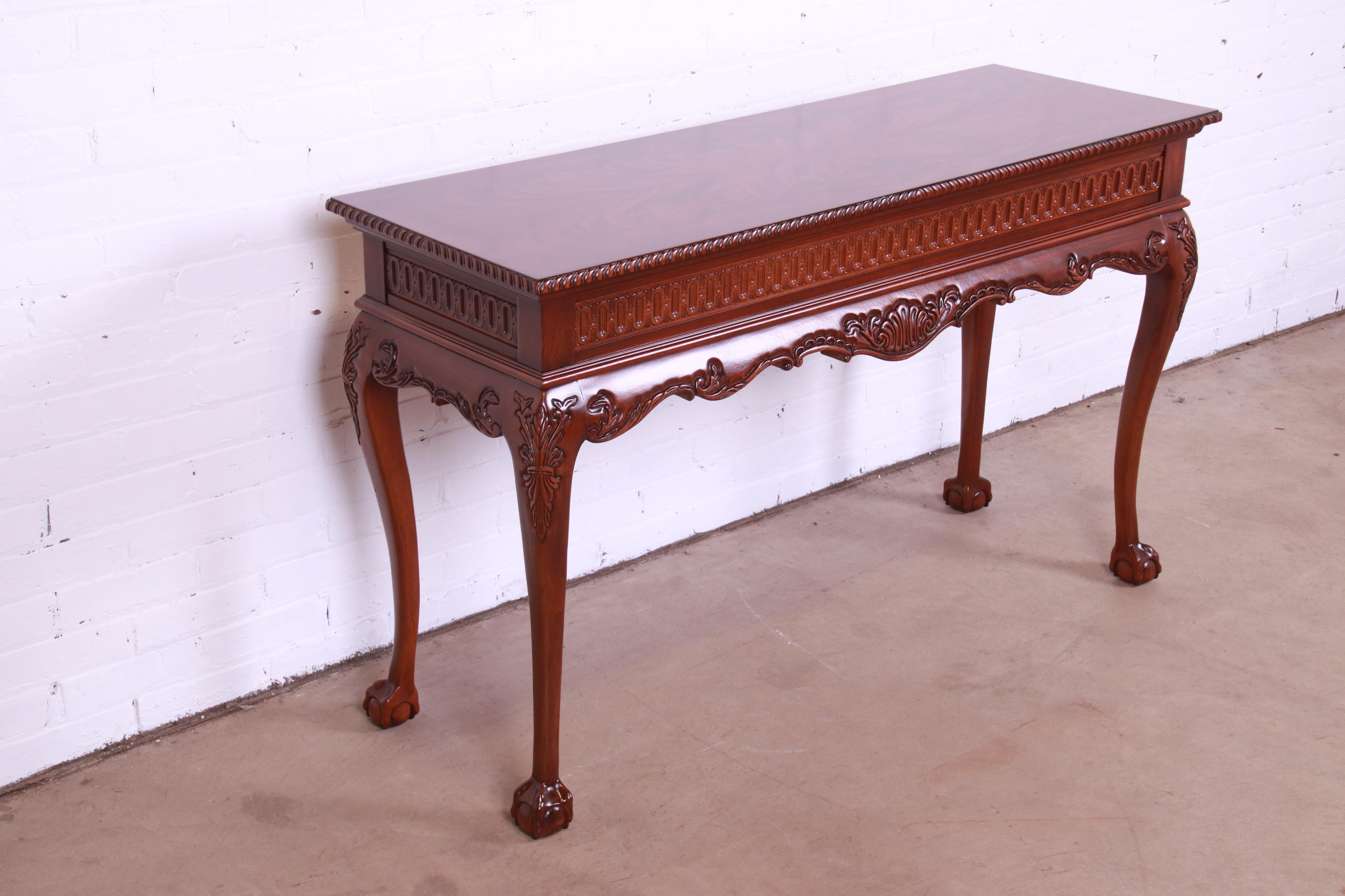 American Chippendale Carved Flame Mahogany Console or Sofa Table, Newly Refinished