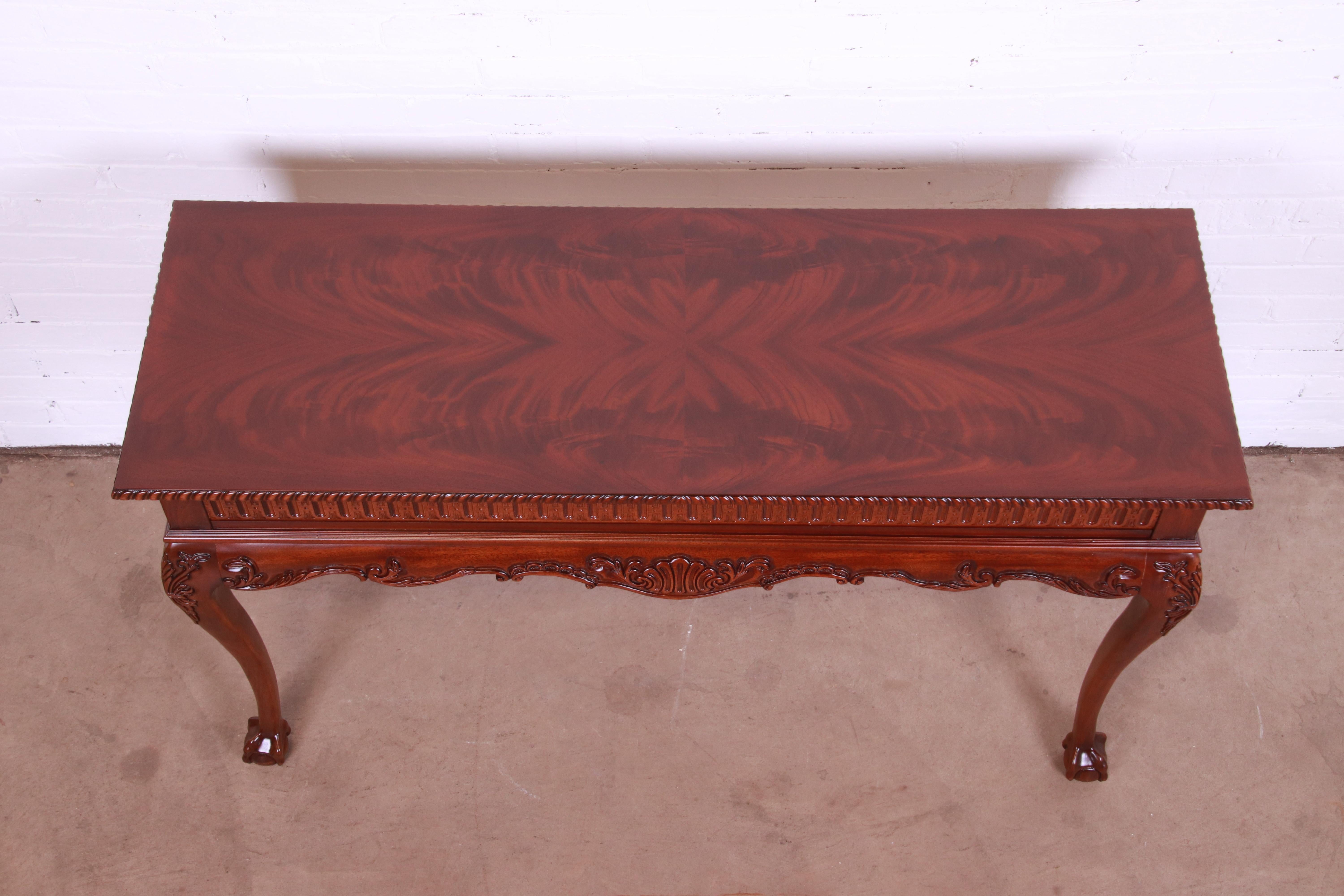 20th Century Chippendale Carved Flame Mahogany Console or Sofa Table, Newly Refinished