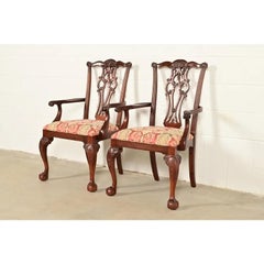 Chippendale Carved Mahogany Armchairs or Dining Captain Chairs, Pair