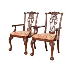 Chippendale Carved Mahogany Armchairs or Dining Captain Chairs, Pair