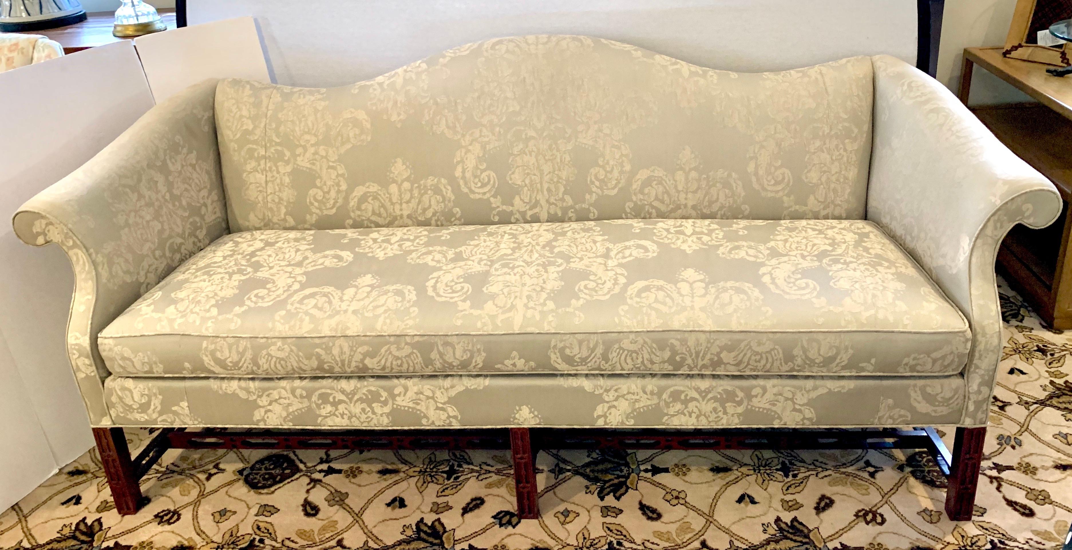 Mid-20th Century Chippendale Carved Mahogany Camelback Sofa Silver Damask