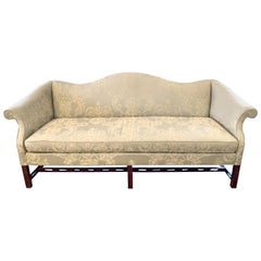 Chippendale Carved Mahogany Camelback Sofa Silver Damask