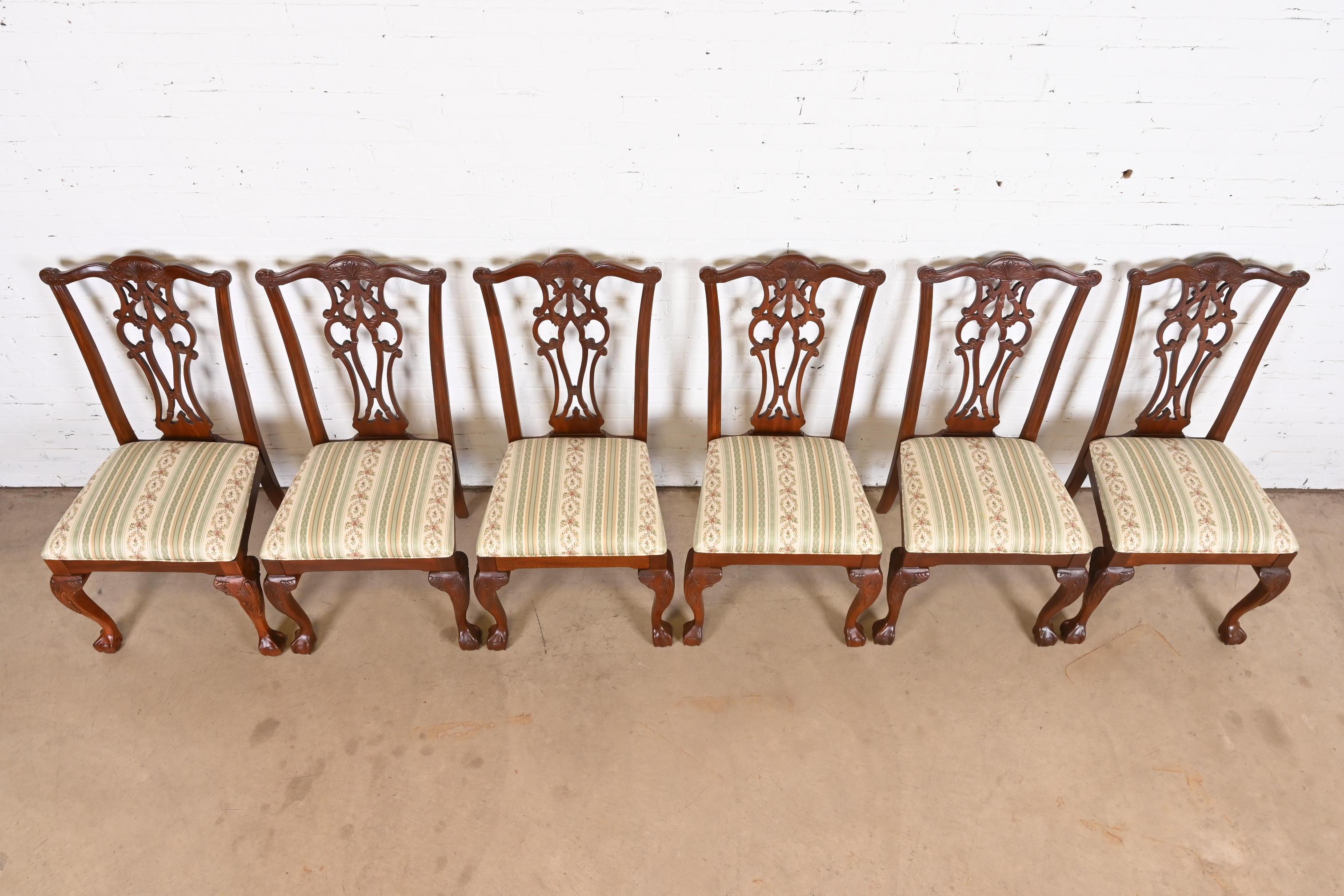 Upholstery Chippendale Carved Mahogany Dining Chairs, Set of Six