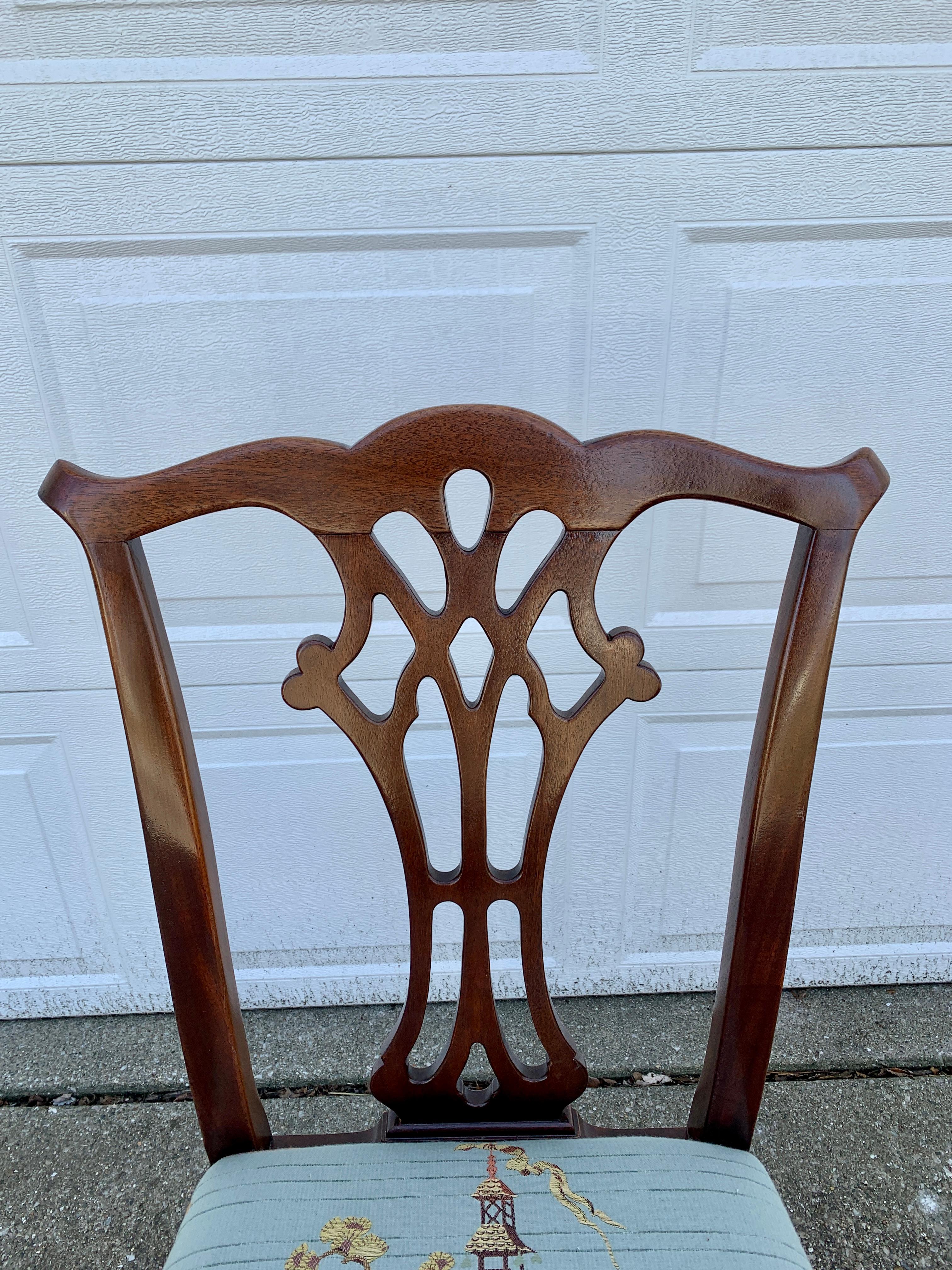 Upholstery Chippendale Carved Mahogany Dining Chairs, Set of Six For Sale
