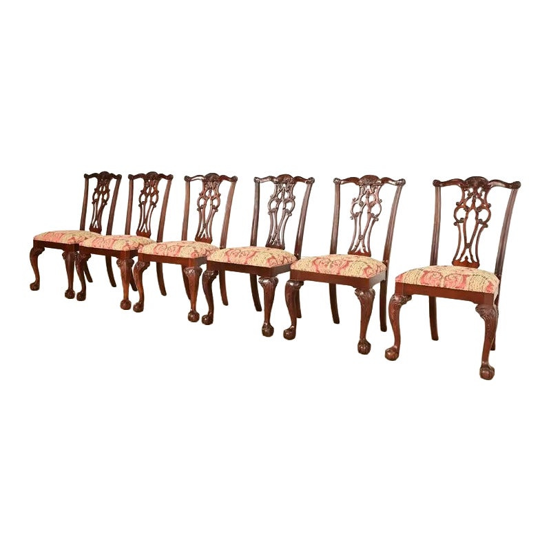 Chippendale Carved Mahogany Dining Chairs, Set of Six