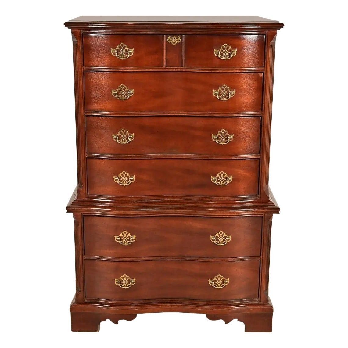 Chippendale Carved Mahogany Serpentine Front Six-Drawer Highboy Dresser For Sale