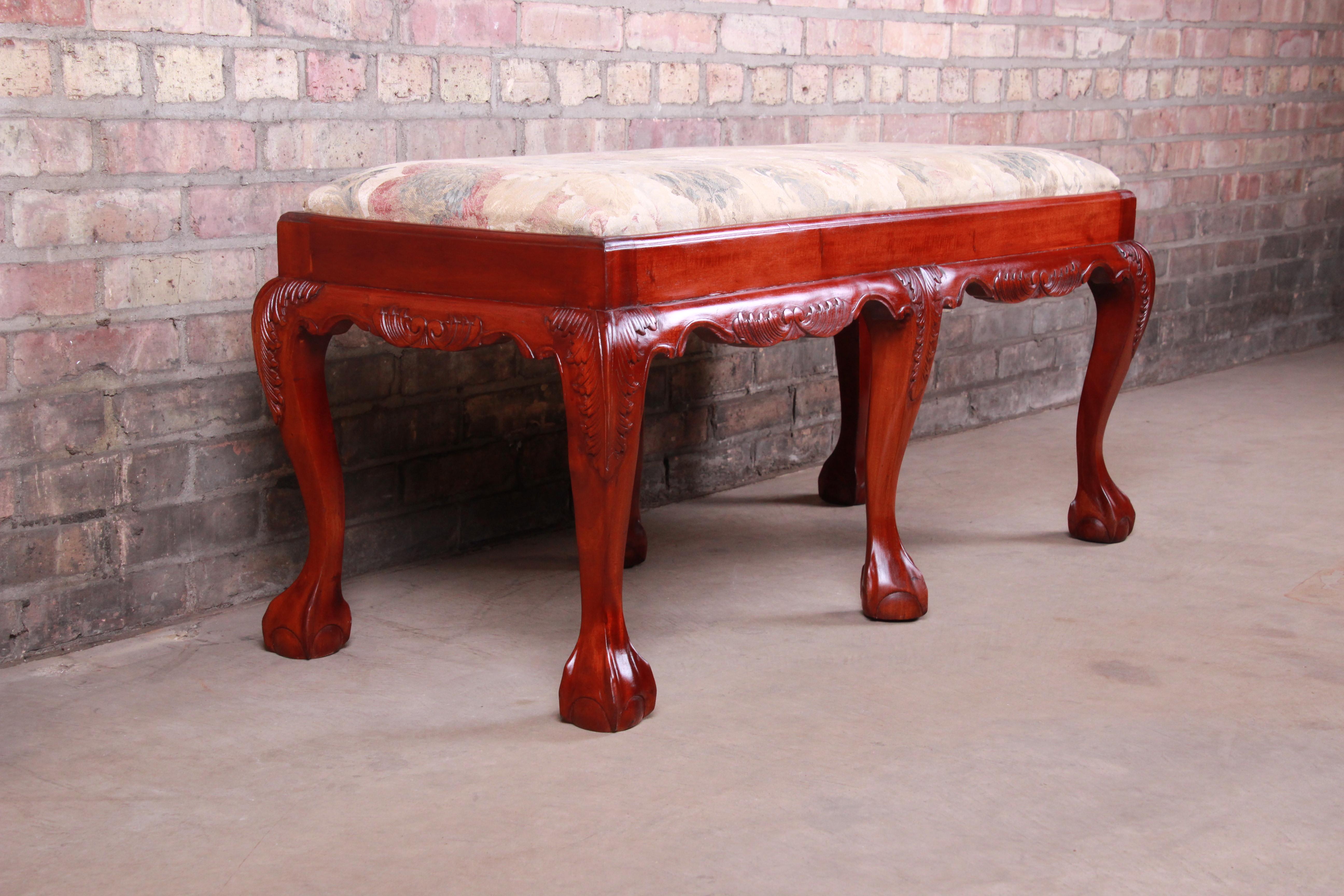 Chippendale Carved Mahogany Upholstered Window Bench In Good Condition In South Bend, IN