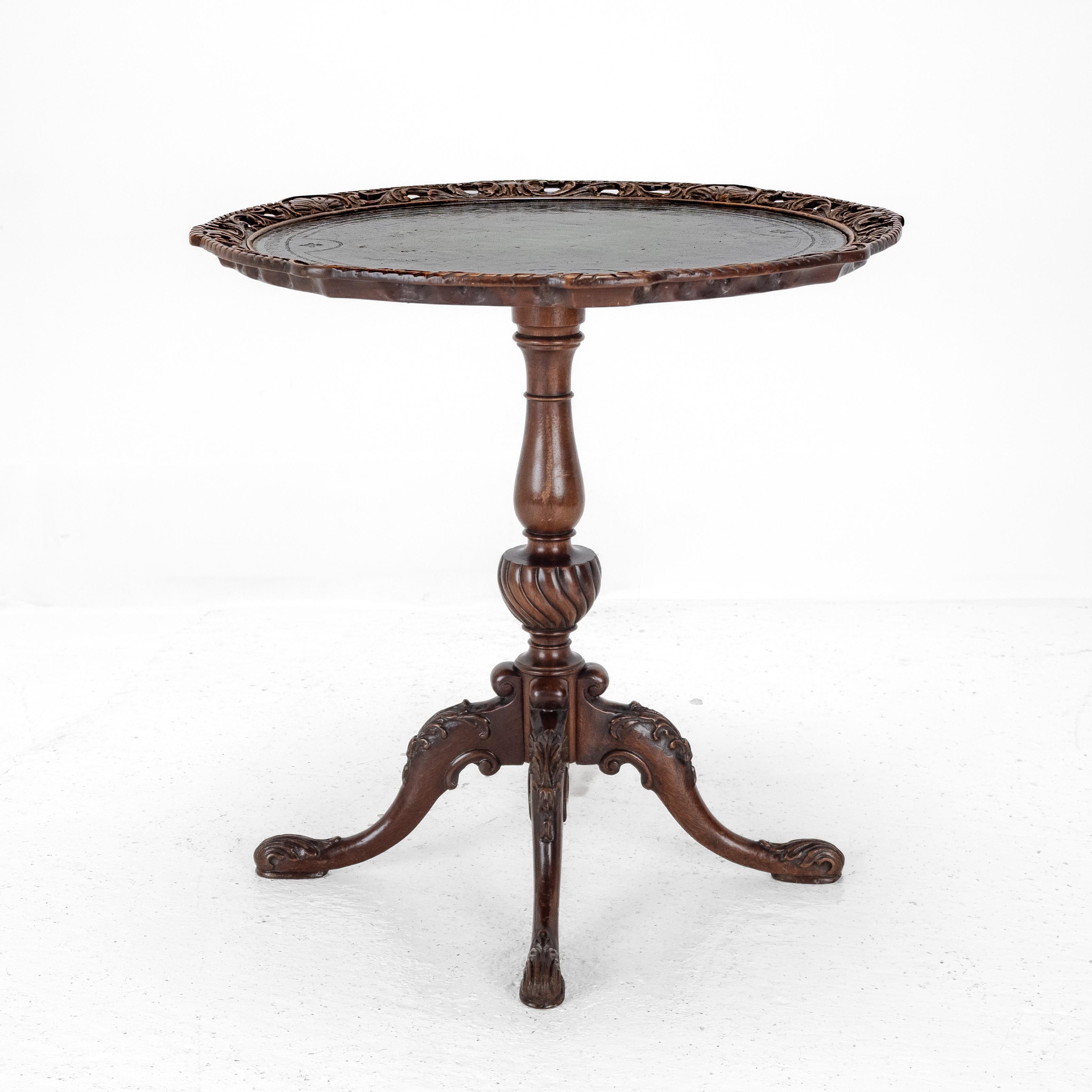 Chippendale Carved Walnut with Leather Top Table, Late c19th (Victorian, Tripod) For Sale 12
