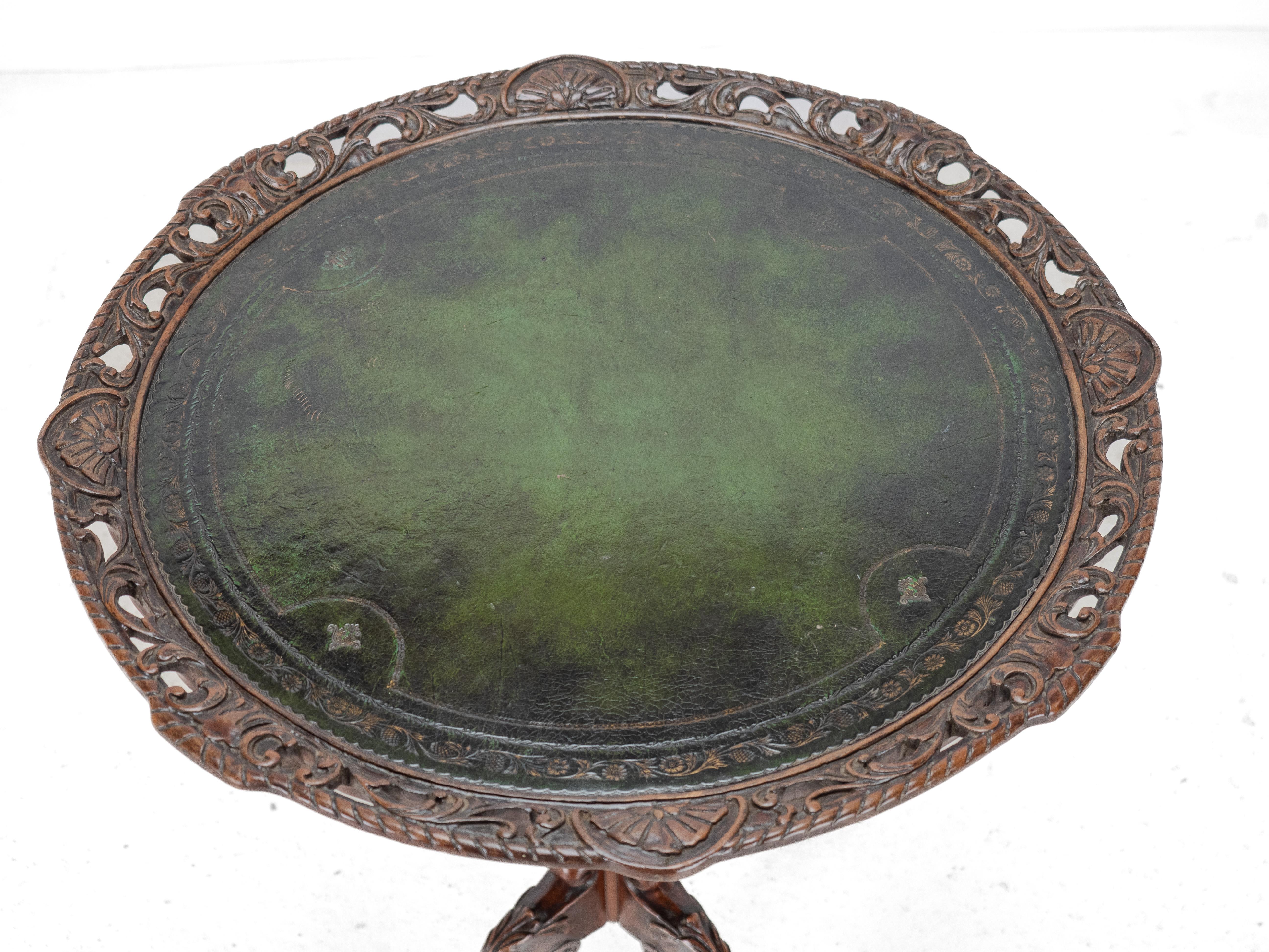 Chippendale Carved Walnut with Leather Top Table, Late c19th (Victorian, Tripod) In Good Condition For Sale In Leeds, GB