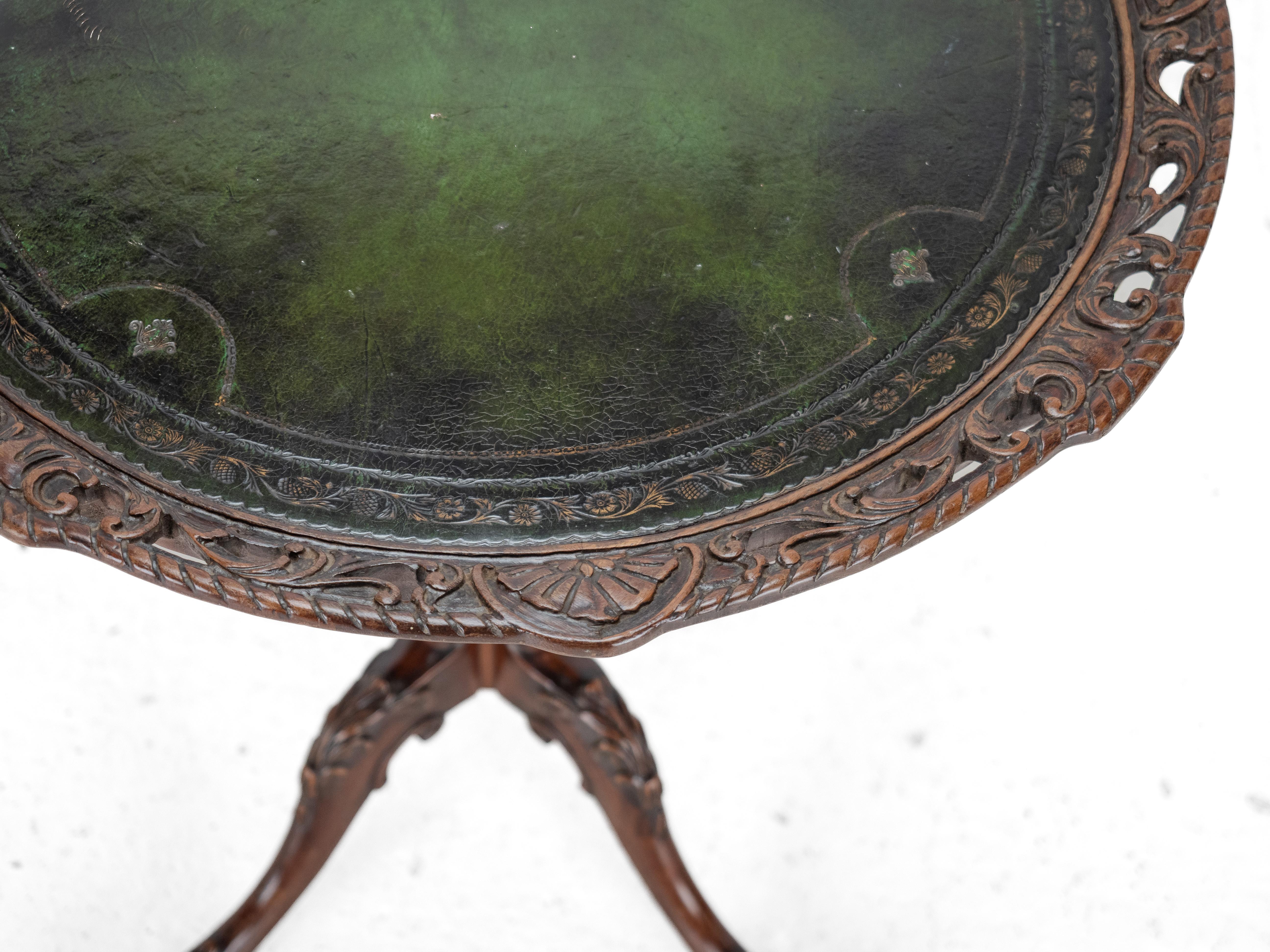 19th Century Chippendale Carved Walnut with Leather Top Table, Late c19th (Victorian, Tripod) For Sale
