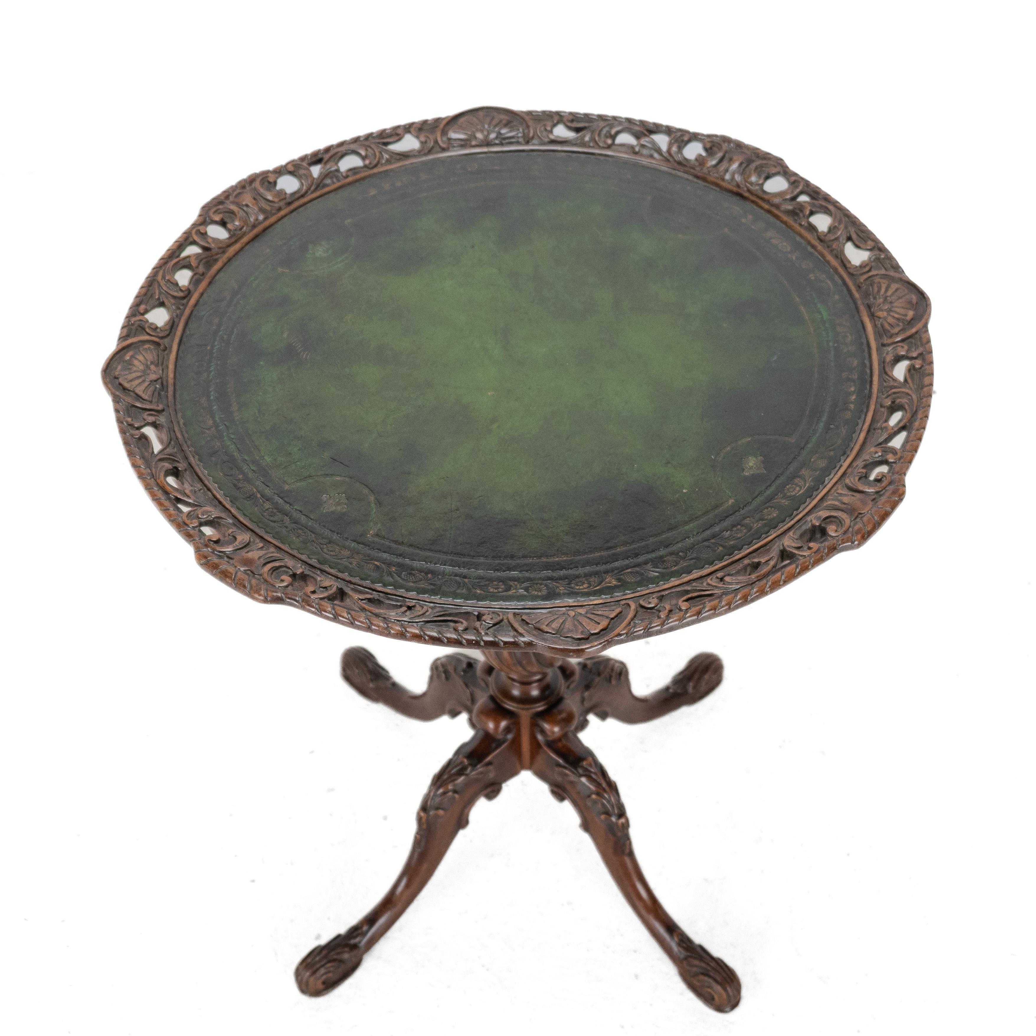 Chippendale Carved Walnut with Leather Top Table, Late c19th (Victorian, Tripod) For Sale 1