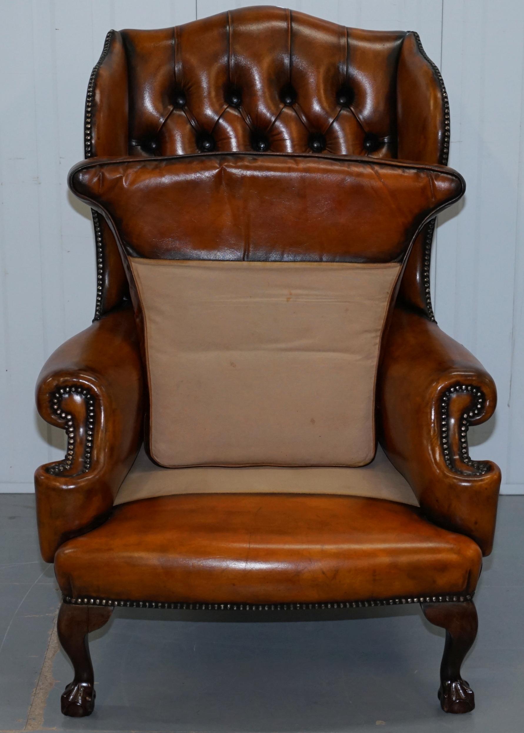 Chippendale Chesterfield Claw & Ball Georgian Wing Armchairs Brown Leather Pair 4