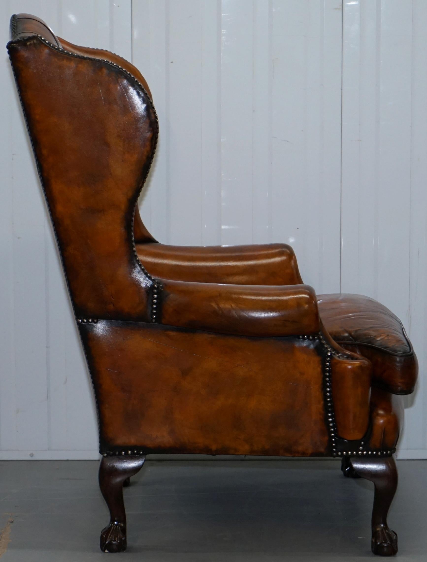 Chippendale Chesterfield Claw & Ball Georgian Wing Armchairs Brown Leather Pair 5