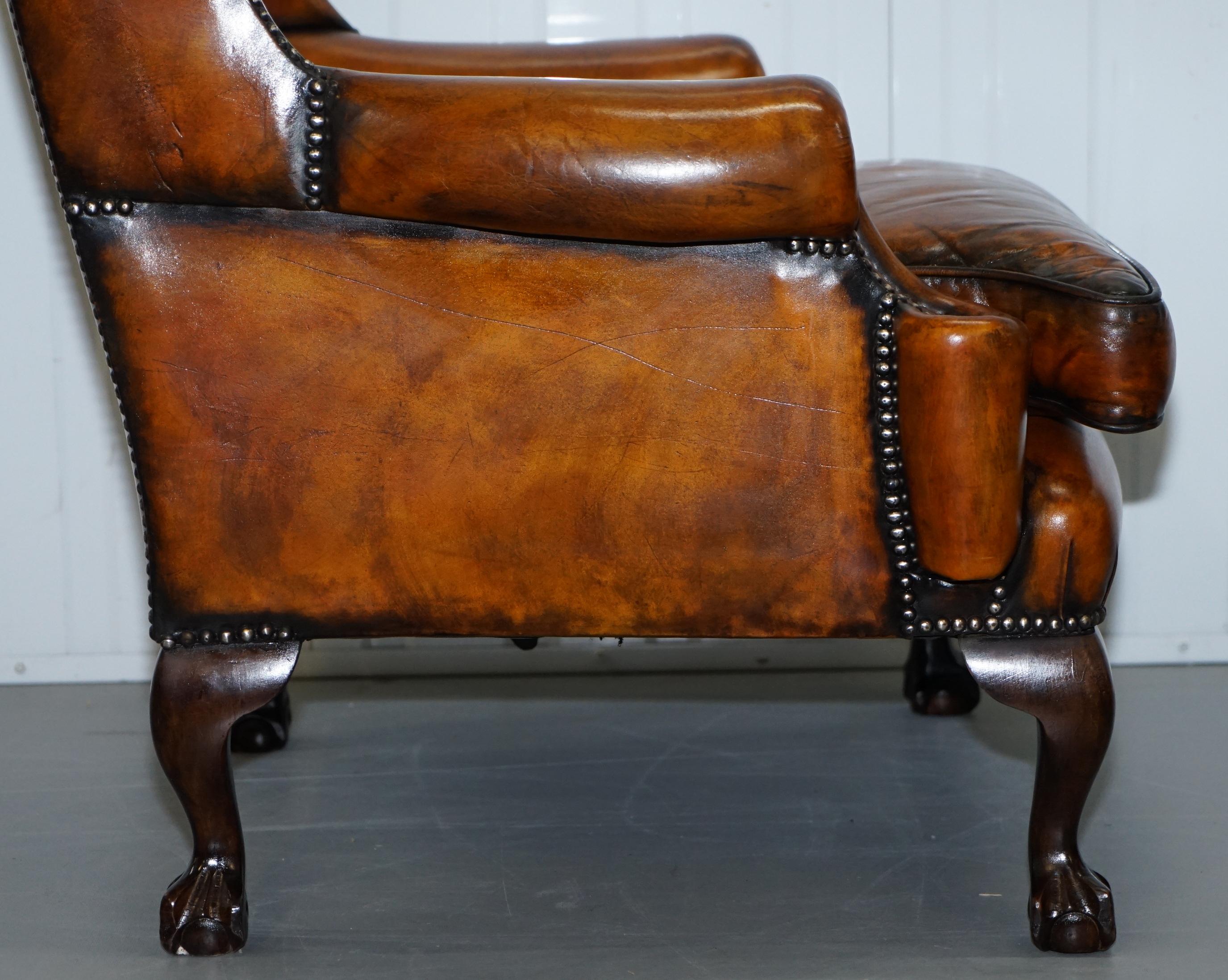 Chippendale Chesterfield Claw & Ball Georgian Wing Armchairs Brown Leather Pair 6