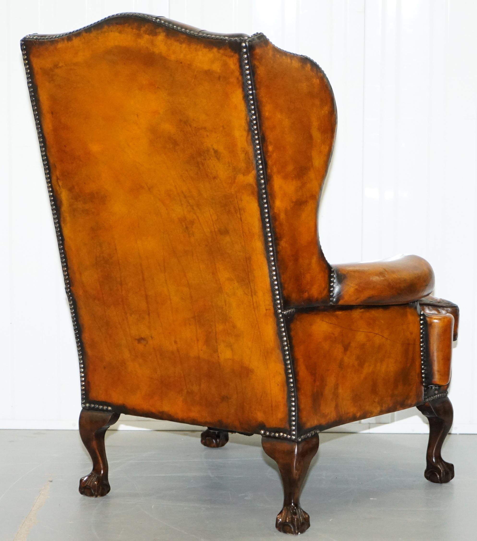 Chippendale Chesterfield Claw & Ball Georgian Wing Armchairs Brown Leather Pair 7