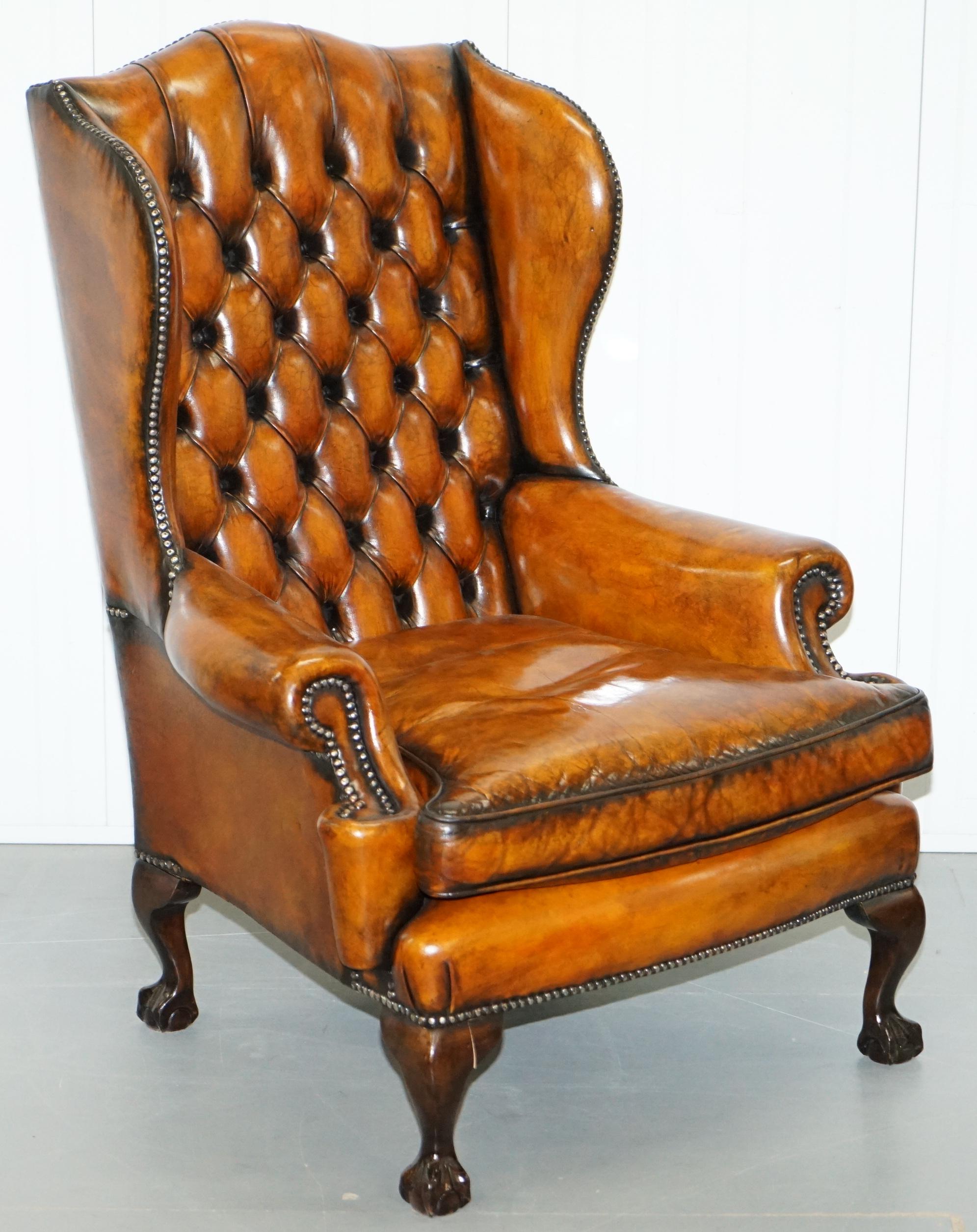 Chippendale Chesterfield Claw & Ball Georgian Wing Armchairs Brown Leather Pair 8