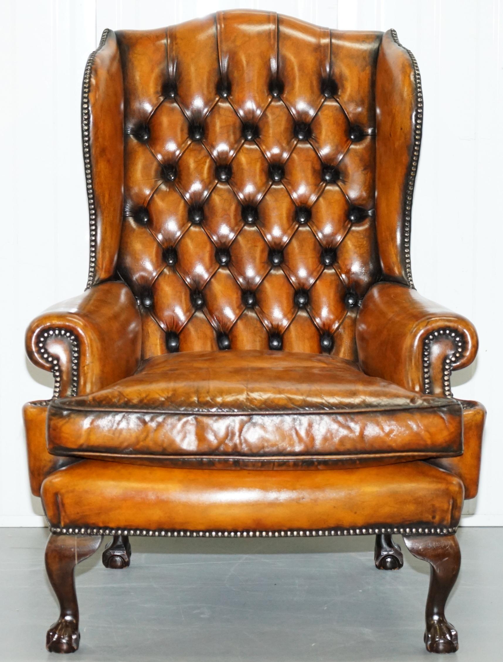 Chippendale Chesterfield Claw & Ball Georgian Wing Armchairs Brown Leather Pair 9