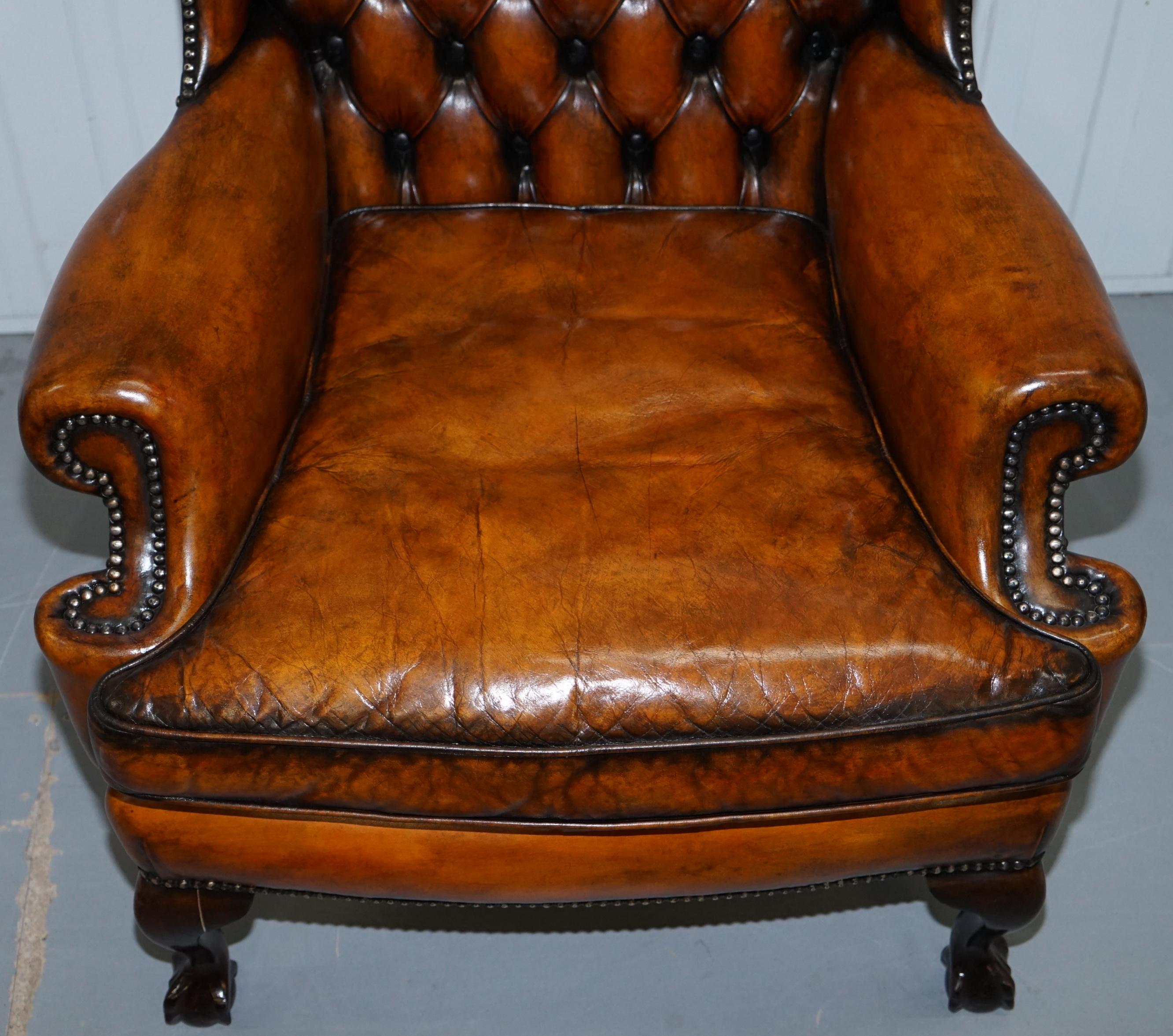 Chippendale Chesterfield Claw & Ball Georgian Wing Armchairs Brown Leather Pair 10