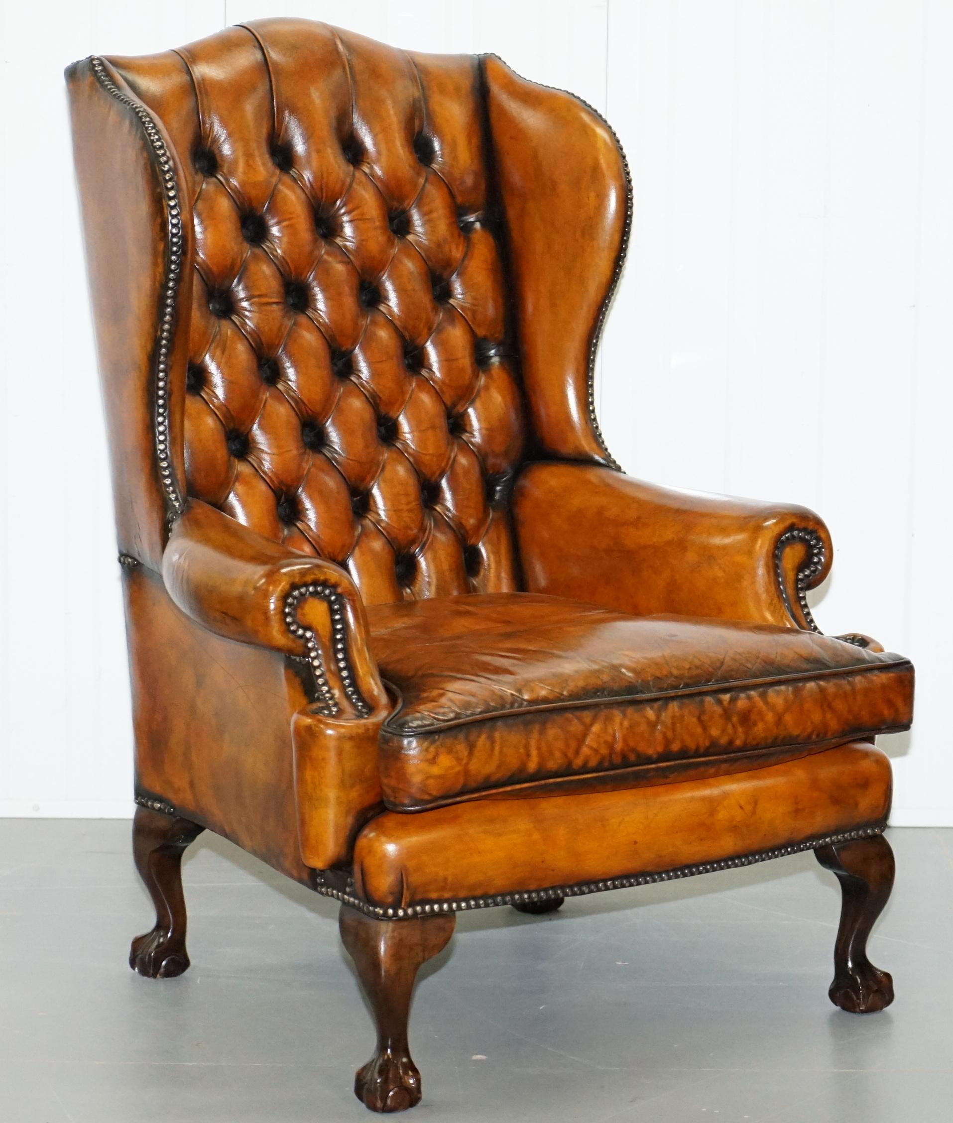 We are delighted to offer for sale this stunning pair of fully restored Thomas Chippendale Georgian style wingback armchairs in hand dyed whisky brown leather with front and back claw and ball cabriolet legs 

If you’re looking for a very rare