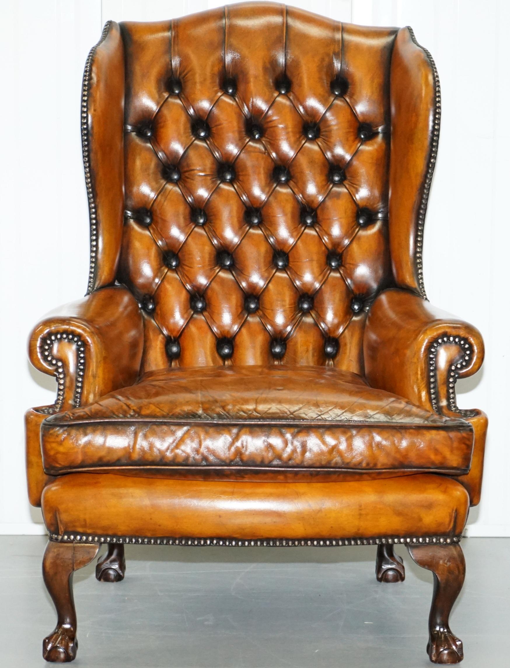 Victorian Chippendale Chesterfield Claw & Ball Georgian Wing Armchairs Brown Leather Pair