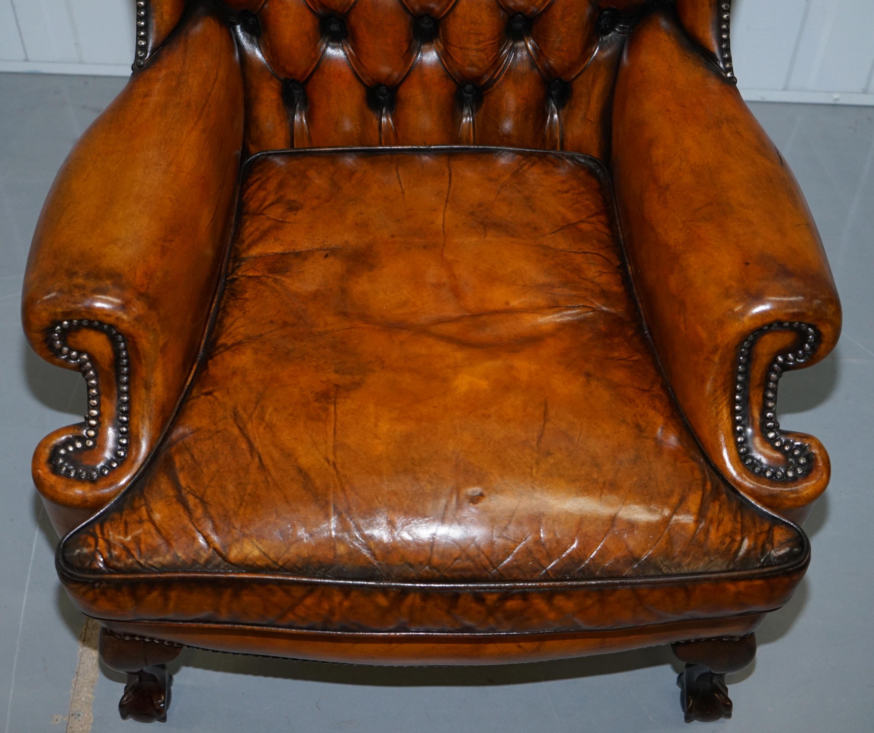 English Chippendale Chesterfield Claw & Ball Georgian Wing Armchairs Brown Leather Pair