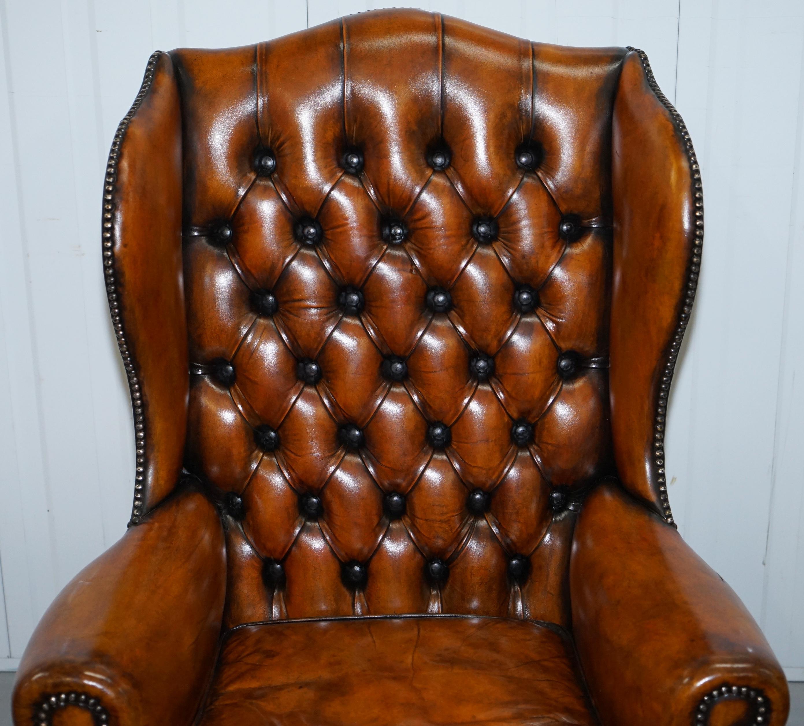 Hand-Crafted Chippendale Chesterfield Claw & Ball Georgian Wing Armchairs Brown Leather Pair