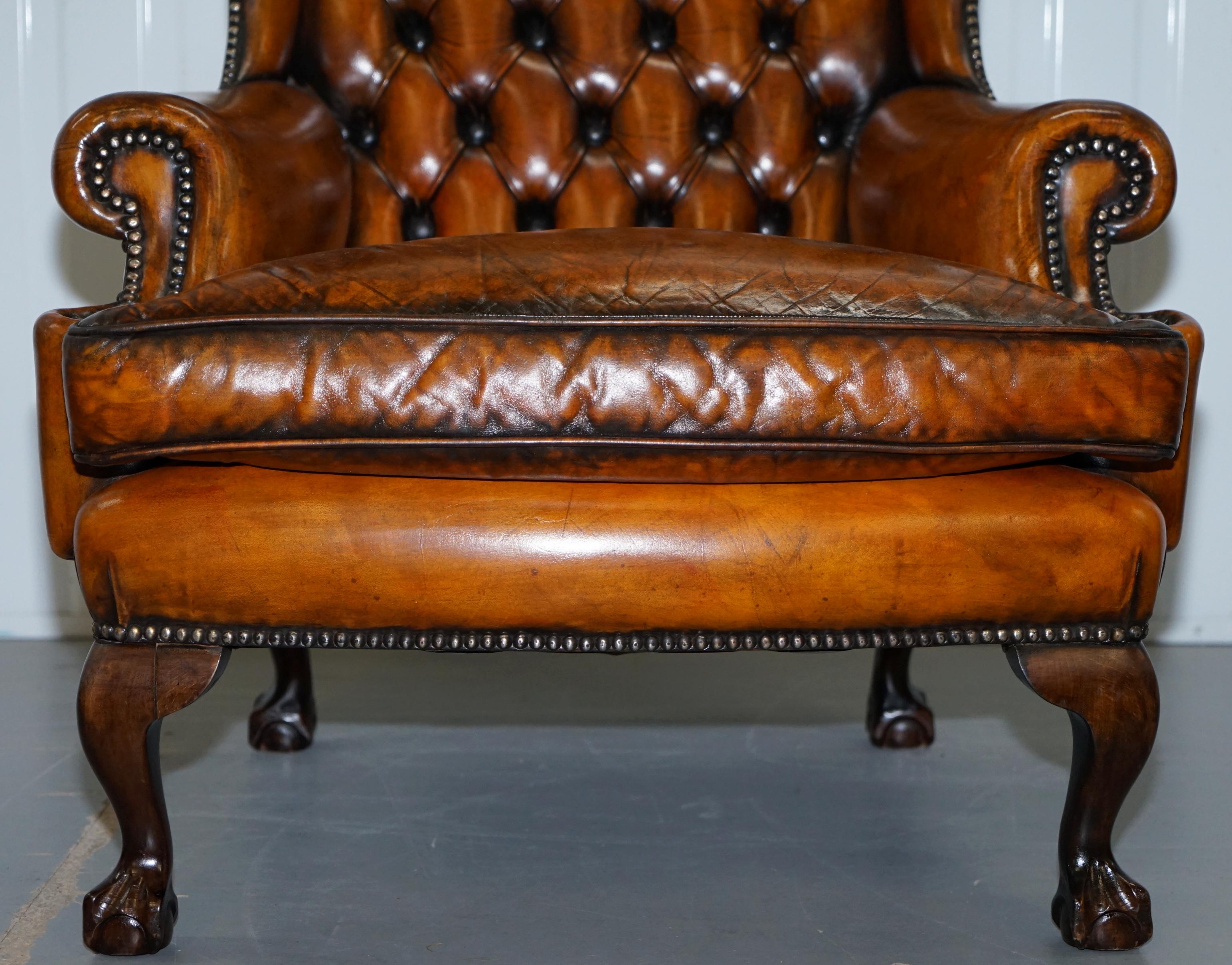 Chippendale Chesterfield Claw & Ball Georgian Wing Armchairs Brown Leather Pair 1