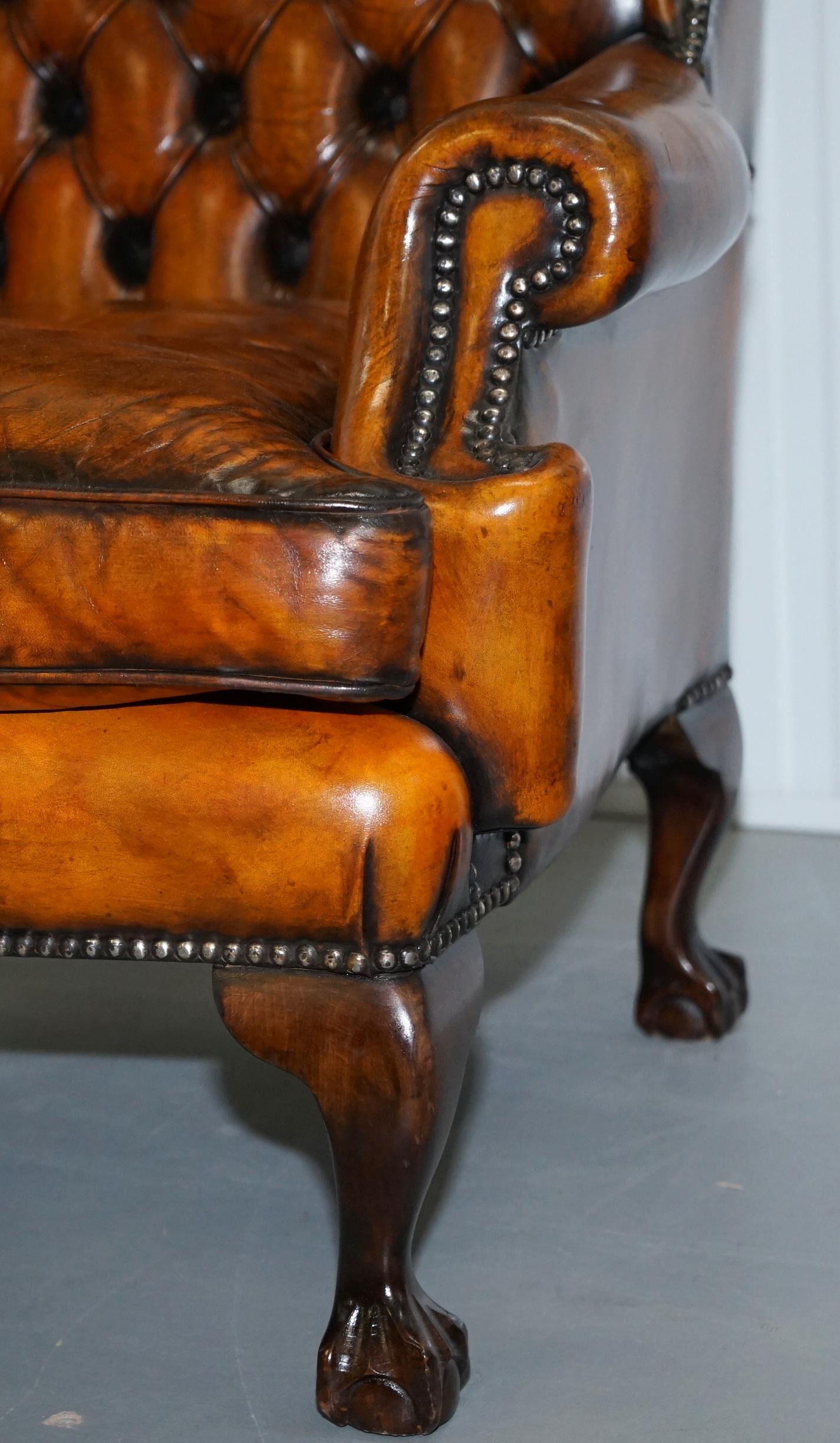 Chippendale Chesterfield Claw & Ball Georgian Wing Armchairs Brown Leather Pair 3