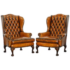 Chippendale Chesterfield Claw & Ball Georgian Wing Armchairs Brown Leather Pair