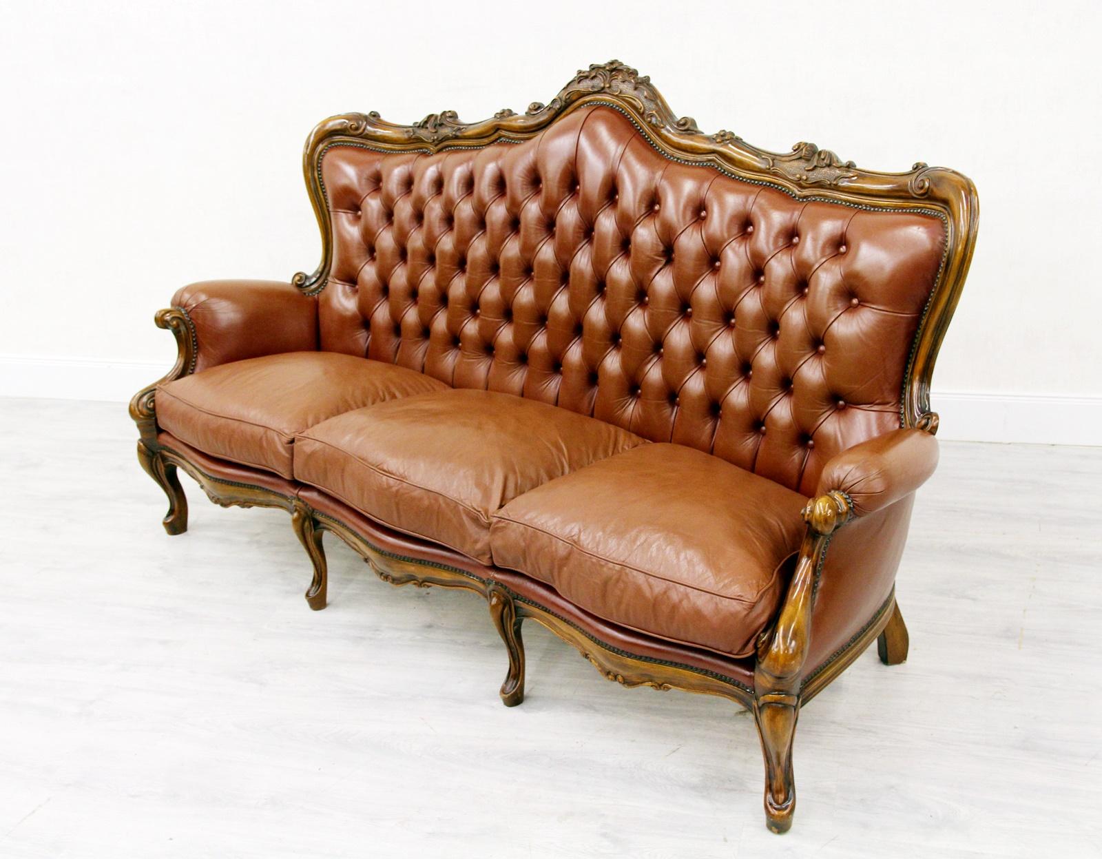 Chippendale Chesterfield Sofa Leather Antique Vintage Couch English For Sale 1