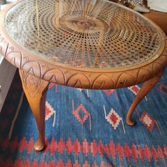 Chippendale Couchtisch Mit Glasauflage über Wiener Geflecht 60er Jahre